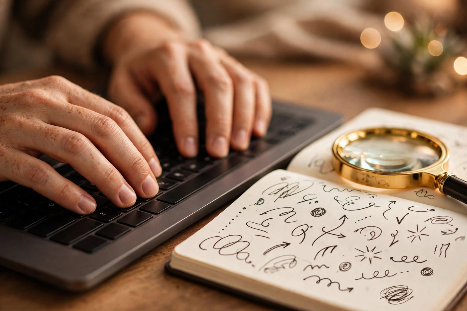 Hands typing on a laptop keyboard beside an open notebook of keyword notes with a magnifying glass