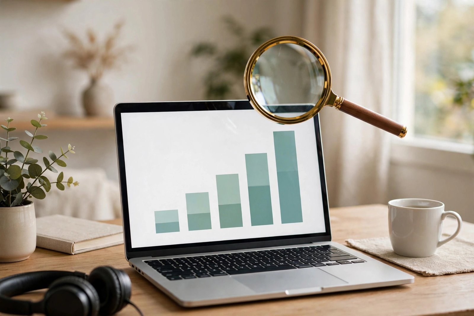 Laptop showing website traffic bar charts with a magnifying glass highlighting growth