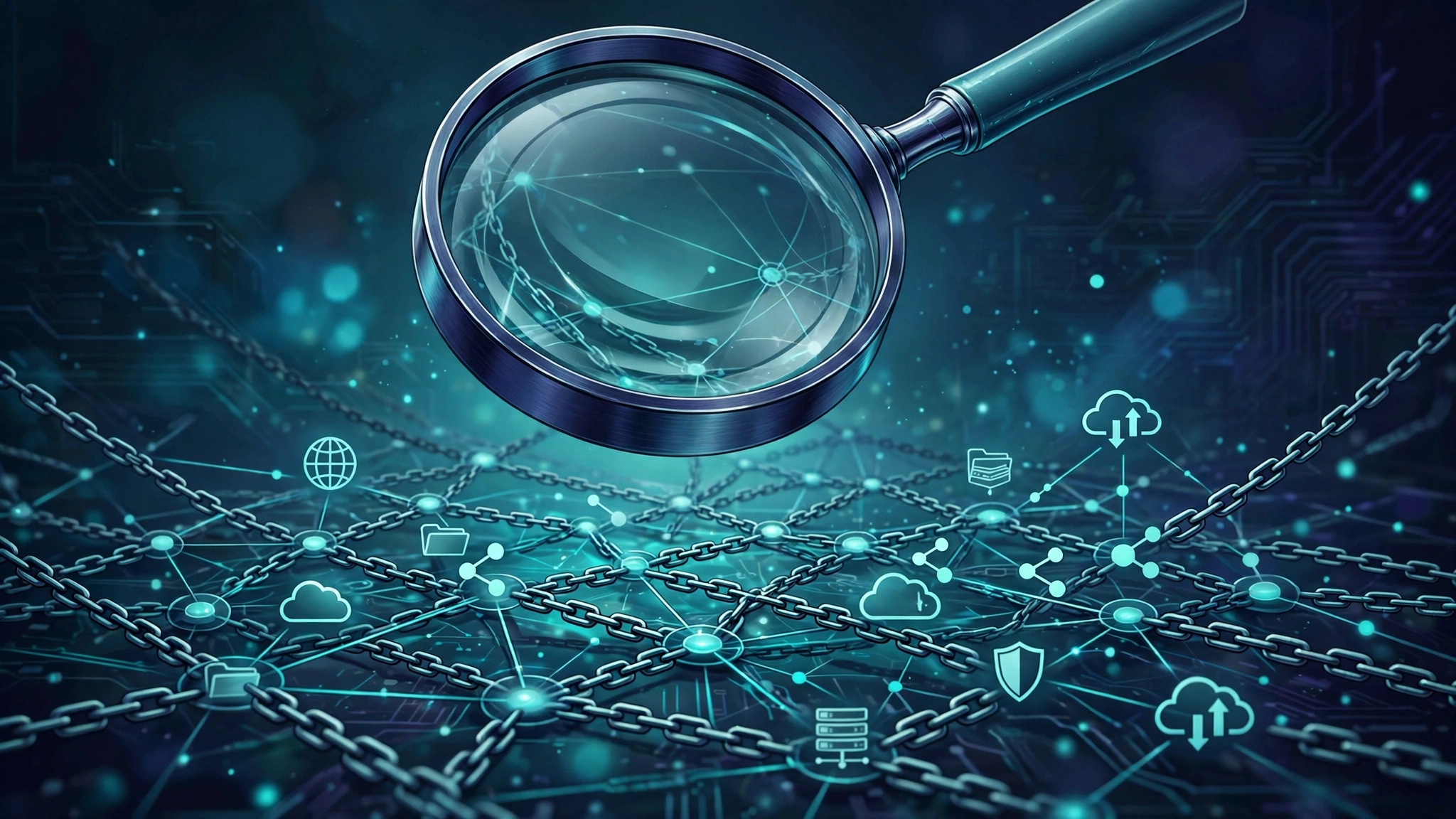 Magnifying glass examining interconnected backlink chains