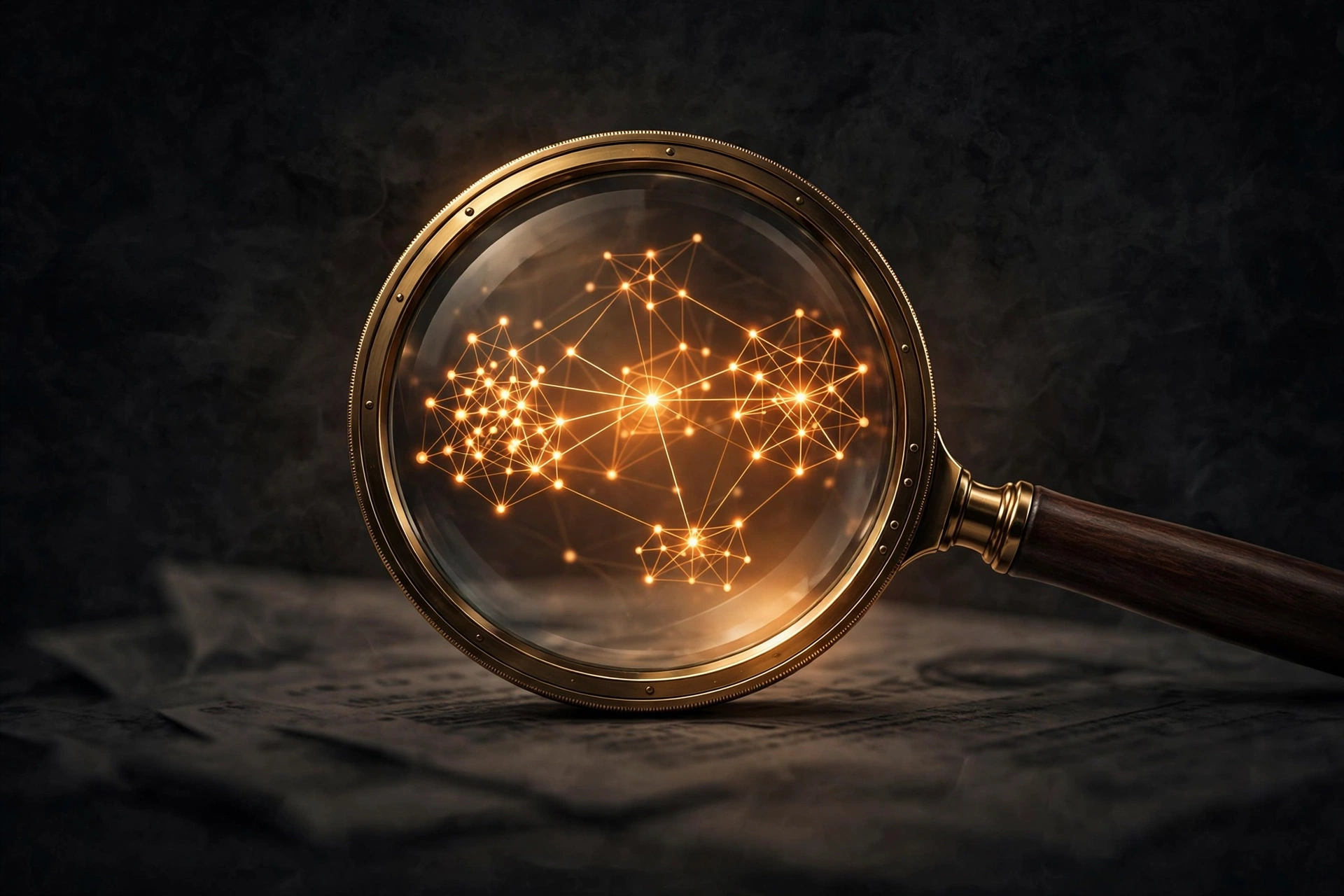 Magnifying glass revealing anchor text patterns in competitor backlinks