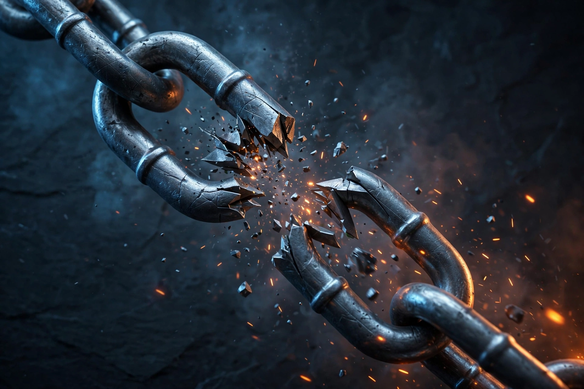 Broken metal chain link snapping apart
