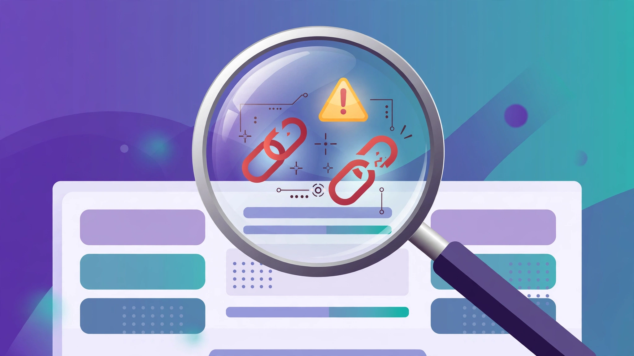 Website audit with magnifying glass revealing broken links