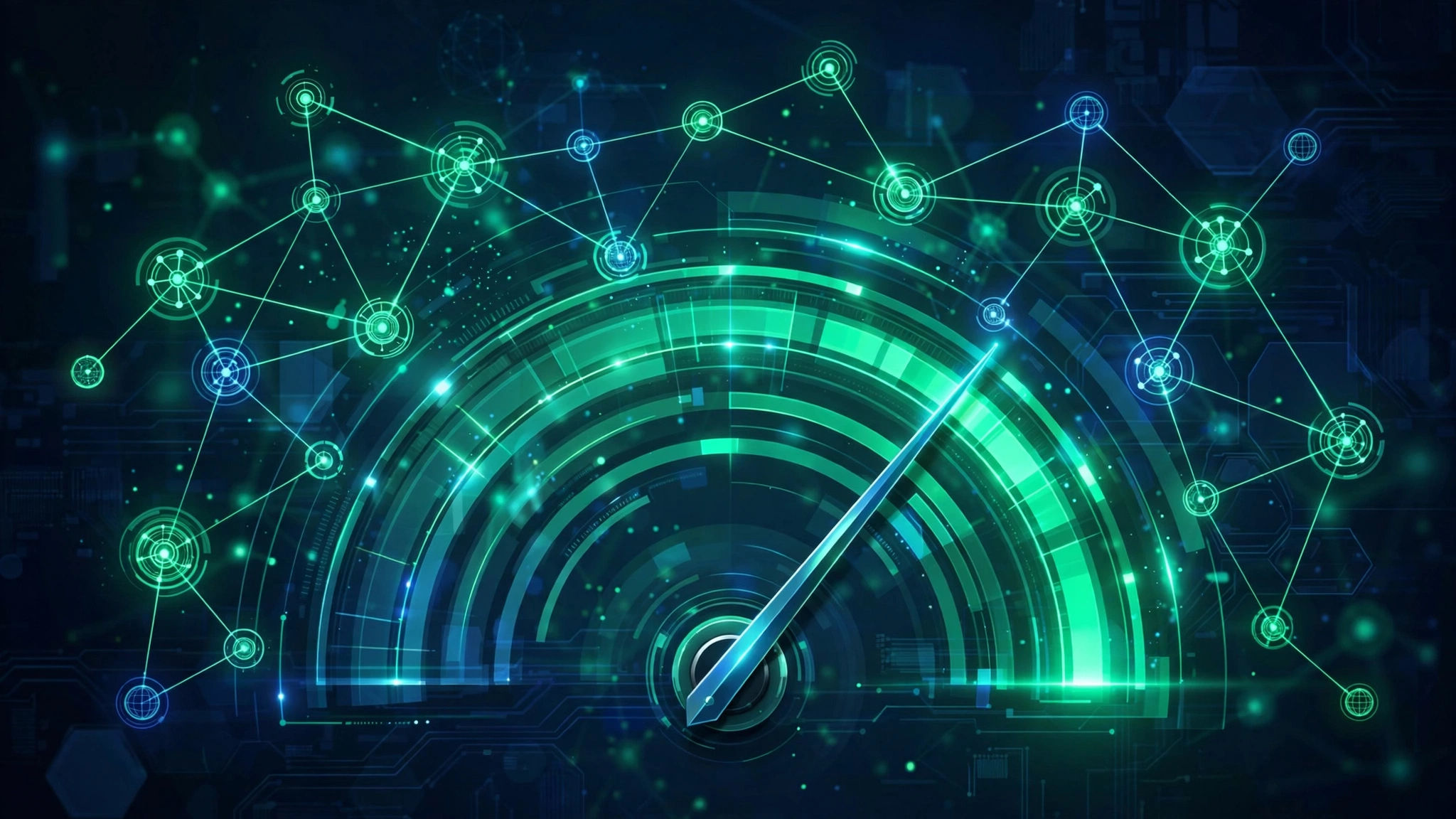 Domain authority score gauge meter with website nodes