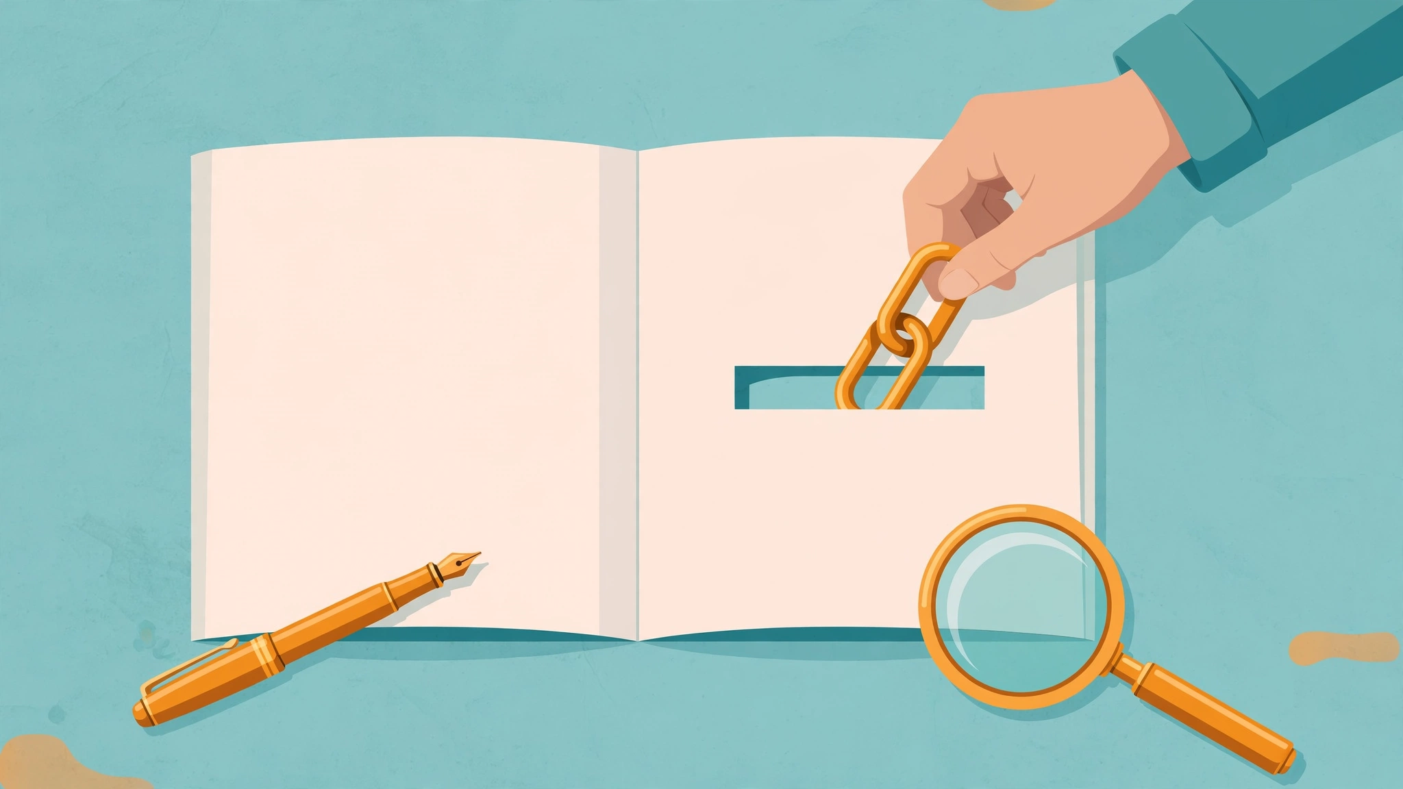 an editor's hand placing a golden chain link into an article page, representing an editorial backlink as a trust signal
