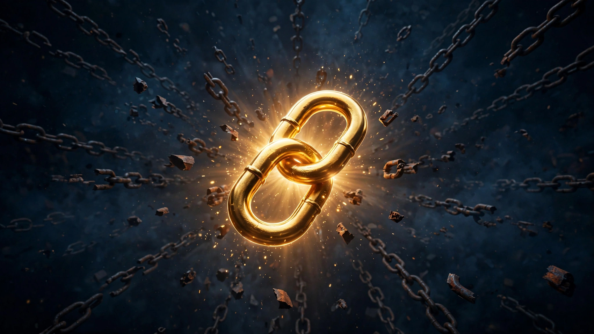 Glowing golden chain link shining among broken dark links, representing quality backlinks versus low-quality ones in 2026