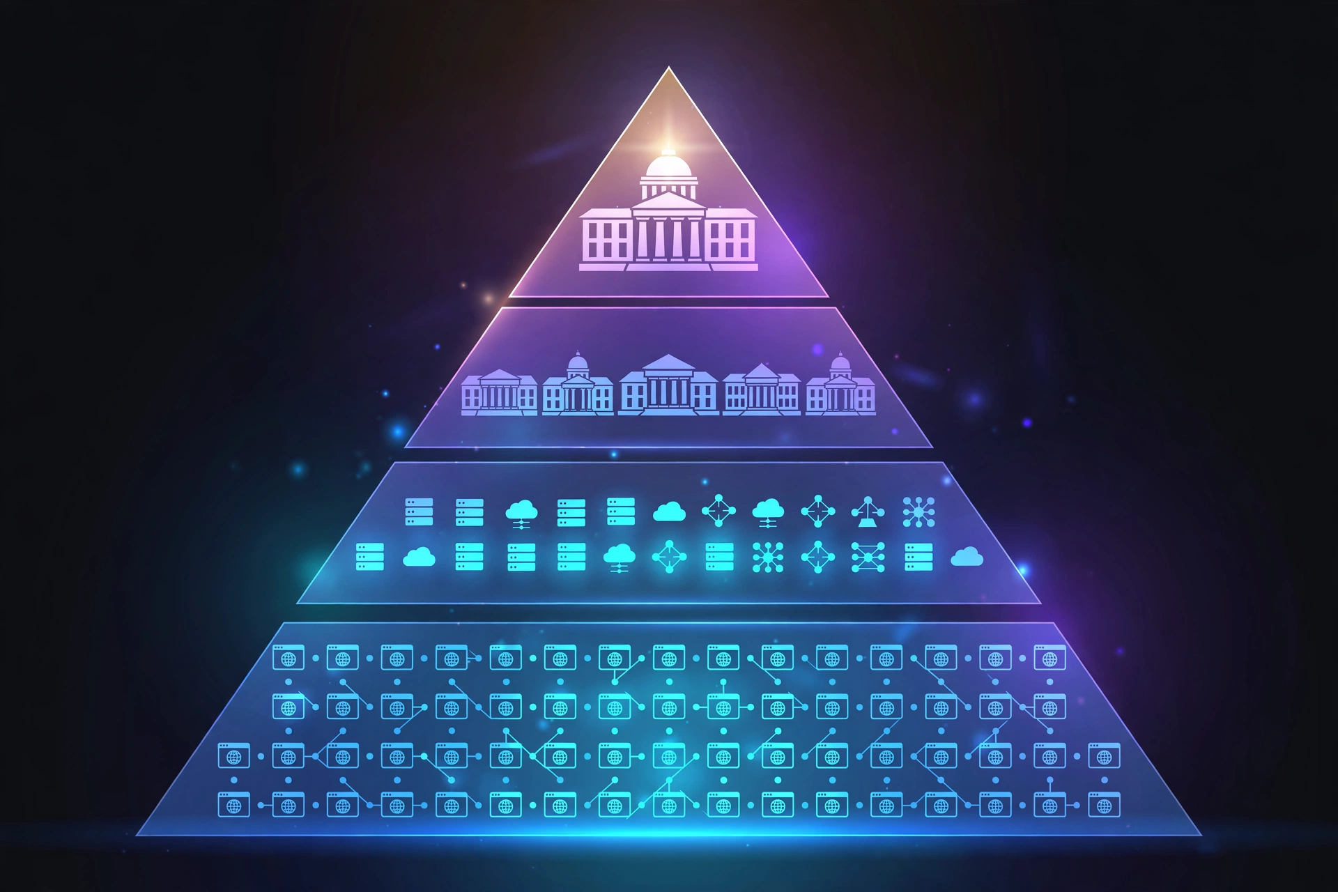 Pyramid diagram showing website authority tiers from low authority blogs at the base to major news publications and educational institutions at the peak