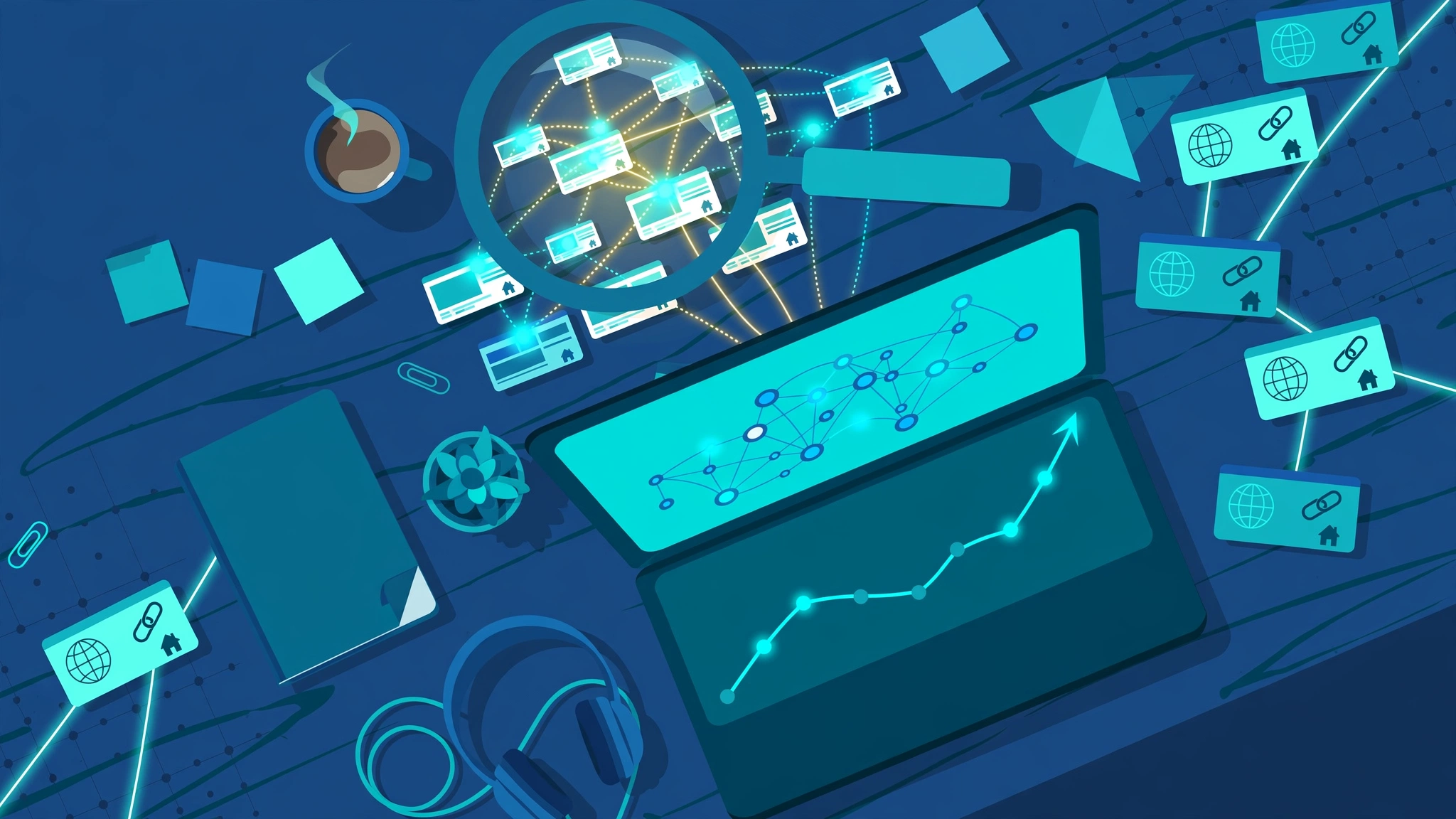 an SEO dashboard showing a backlink graph with a magnifying glass examining link connections