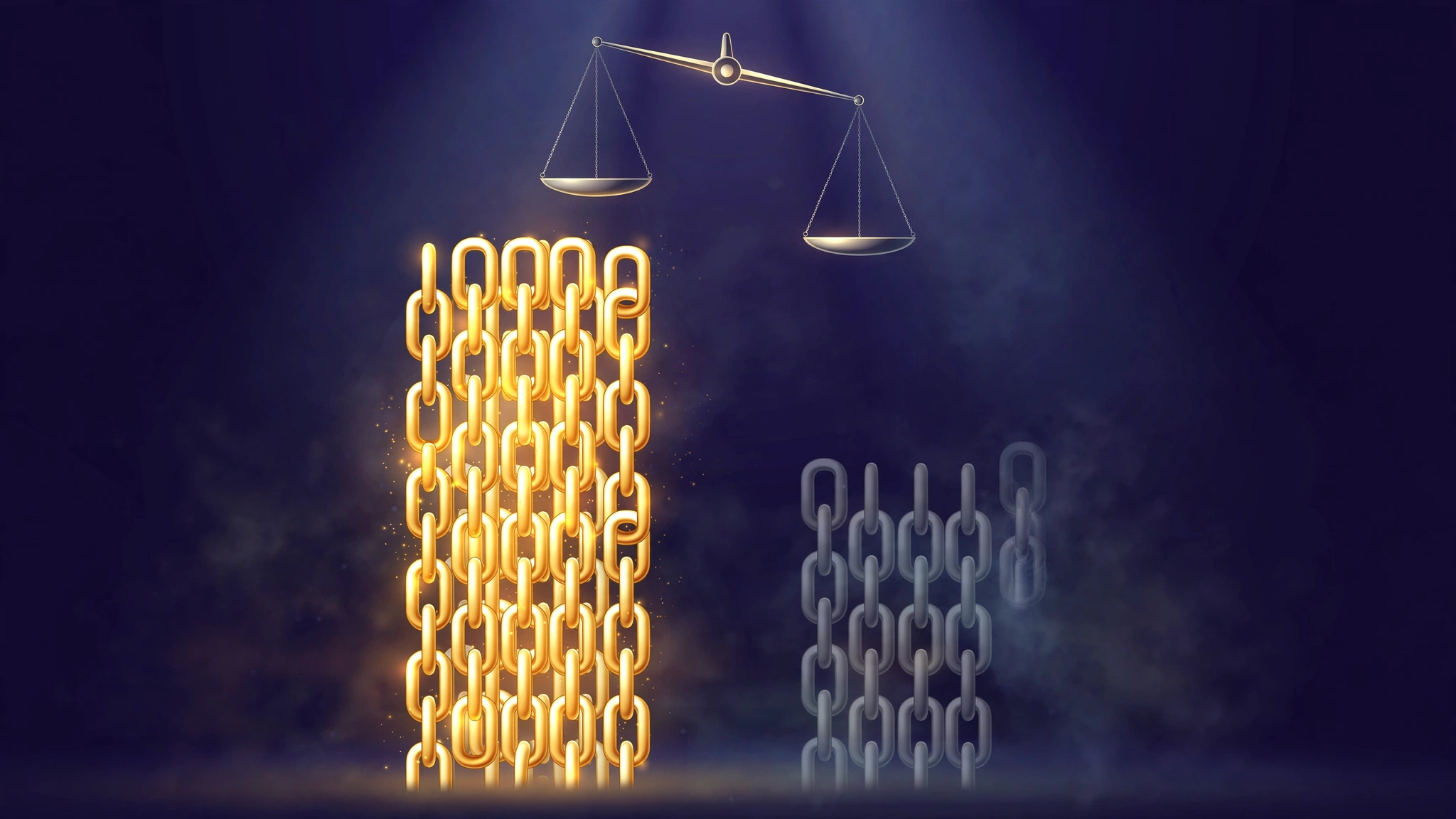 Balance scale weighing a tall pillar of glowing golden chain links against a shorter pillar of dull gray chain links, showing strong versus weak backlink profiles