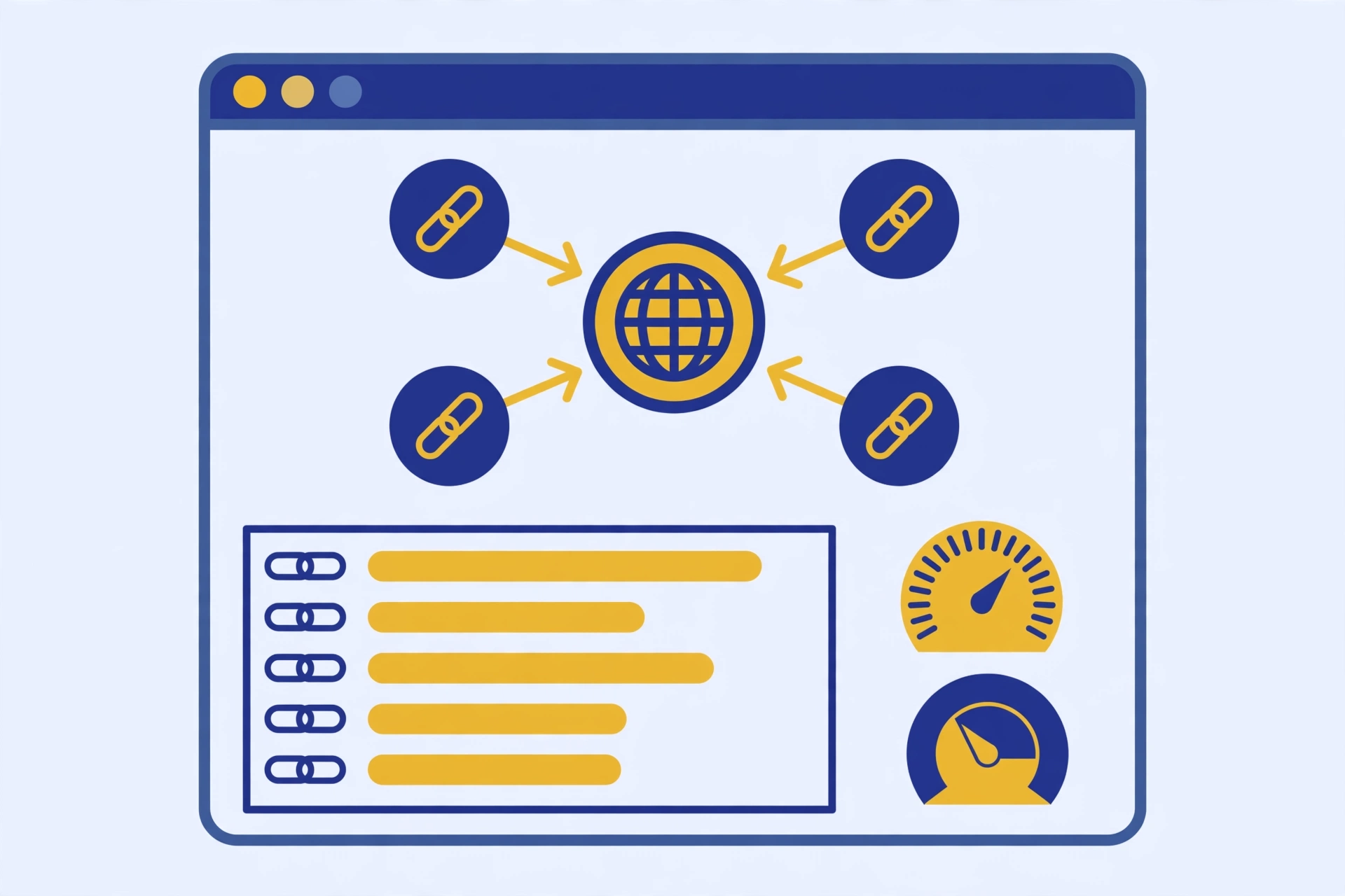 A browser dashboard showing incoming link arrows pointing to a website node with authority gauge meters, illustrating a backlink checker tool