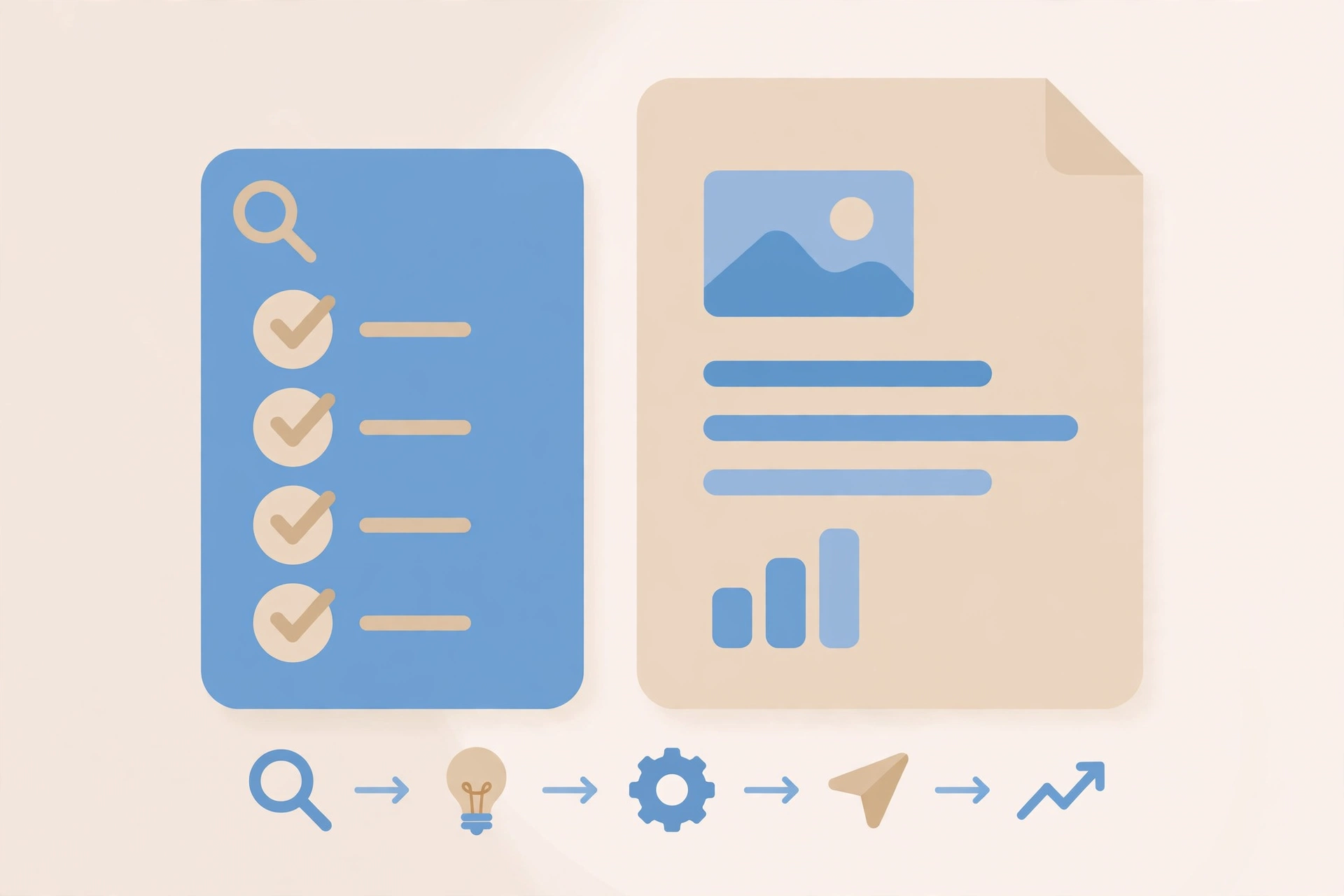 Checklist with checkmarks next to a blog post document, SEO content workflow