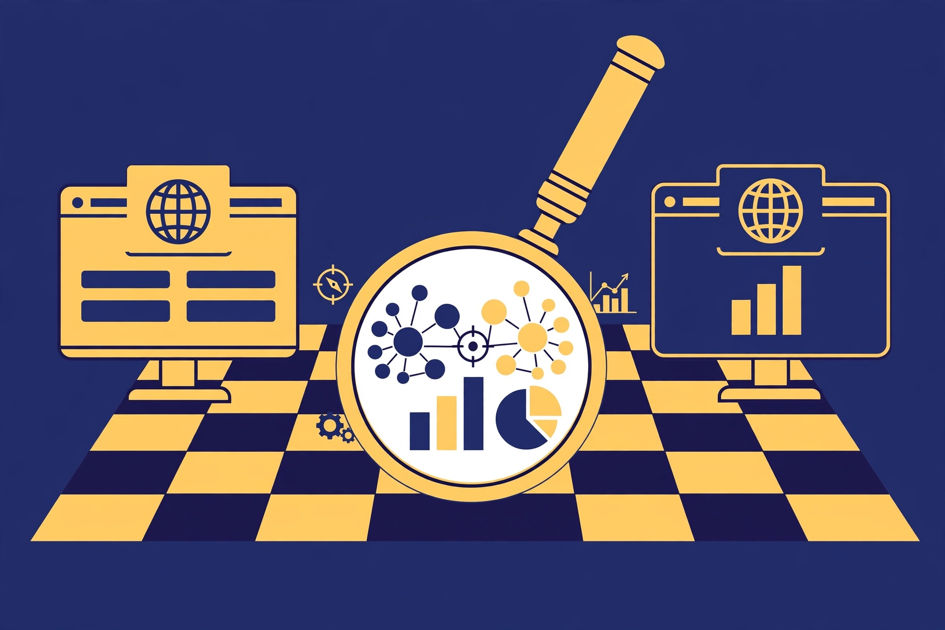Two competing websites on a chessboard with a spyglass revealing keyword strategy, illustrating competitor keyword analysis