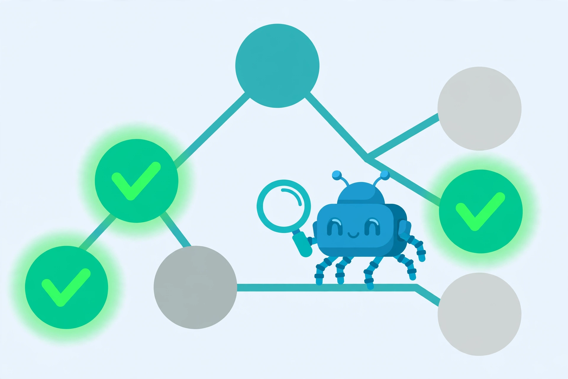 Crawler robot with a magnifying glass walking across a sitemap tree, glowing checkmarks on crawlable pages