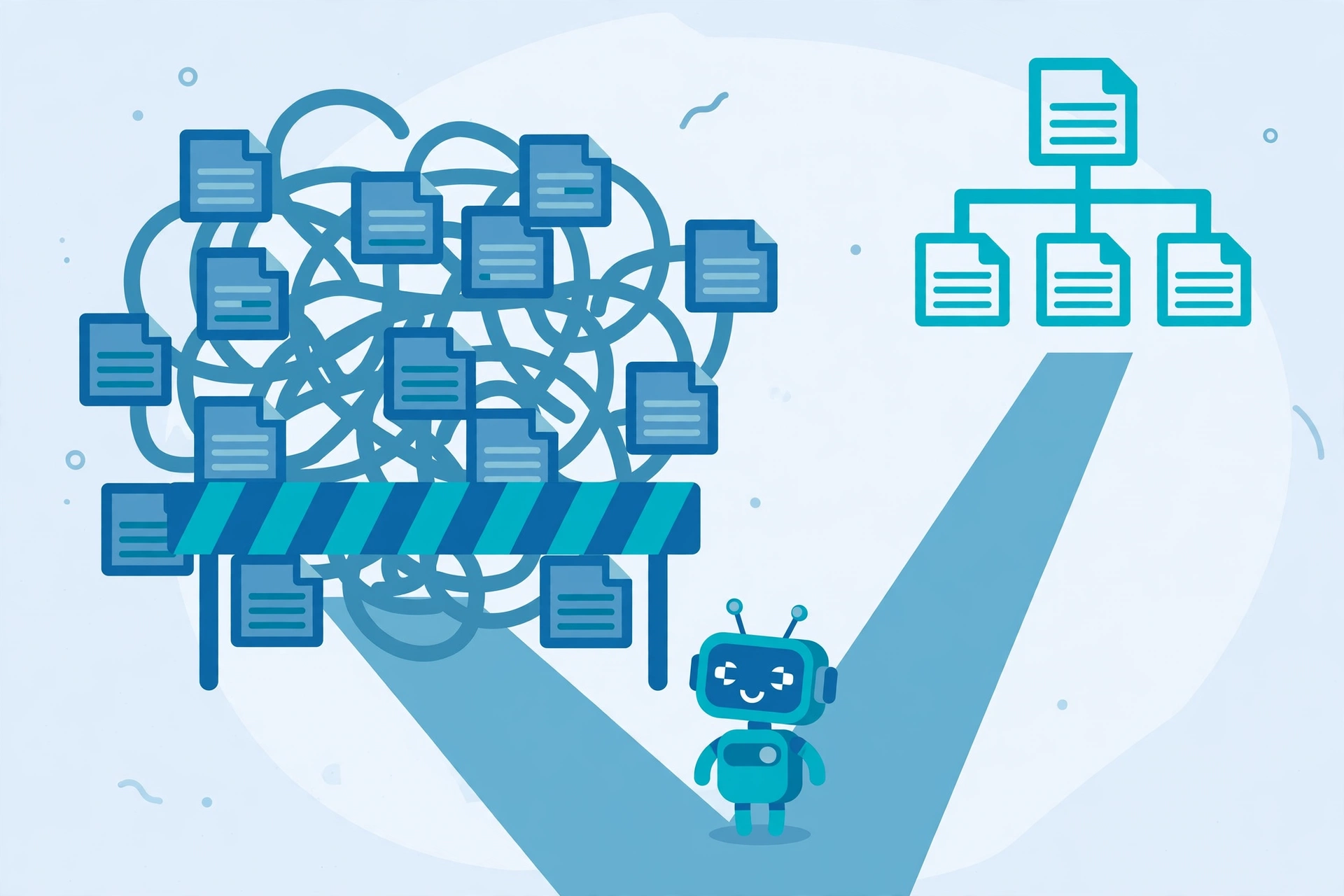 Stop barrier blocking a tangle of duplicate pages while a clear path leads to a clean sitemap, robot at a fork