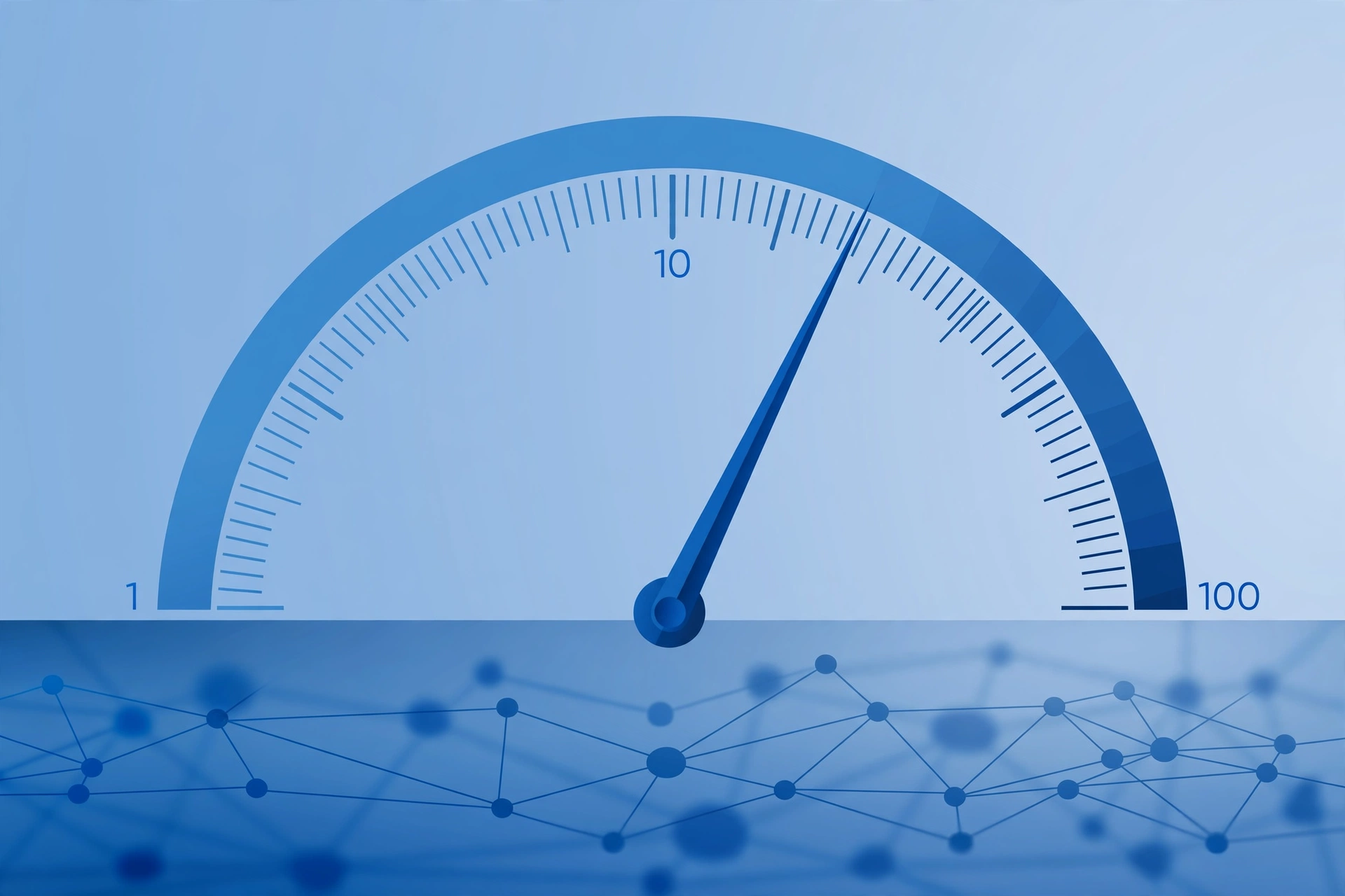 Logarithmic gauge meter showing domain authority scale from 1 to 100 with website link network in background