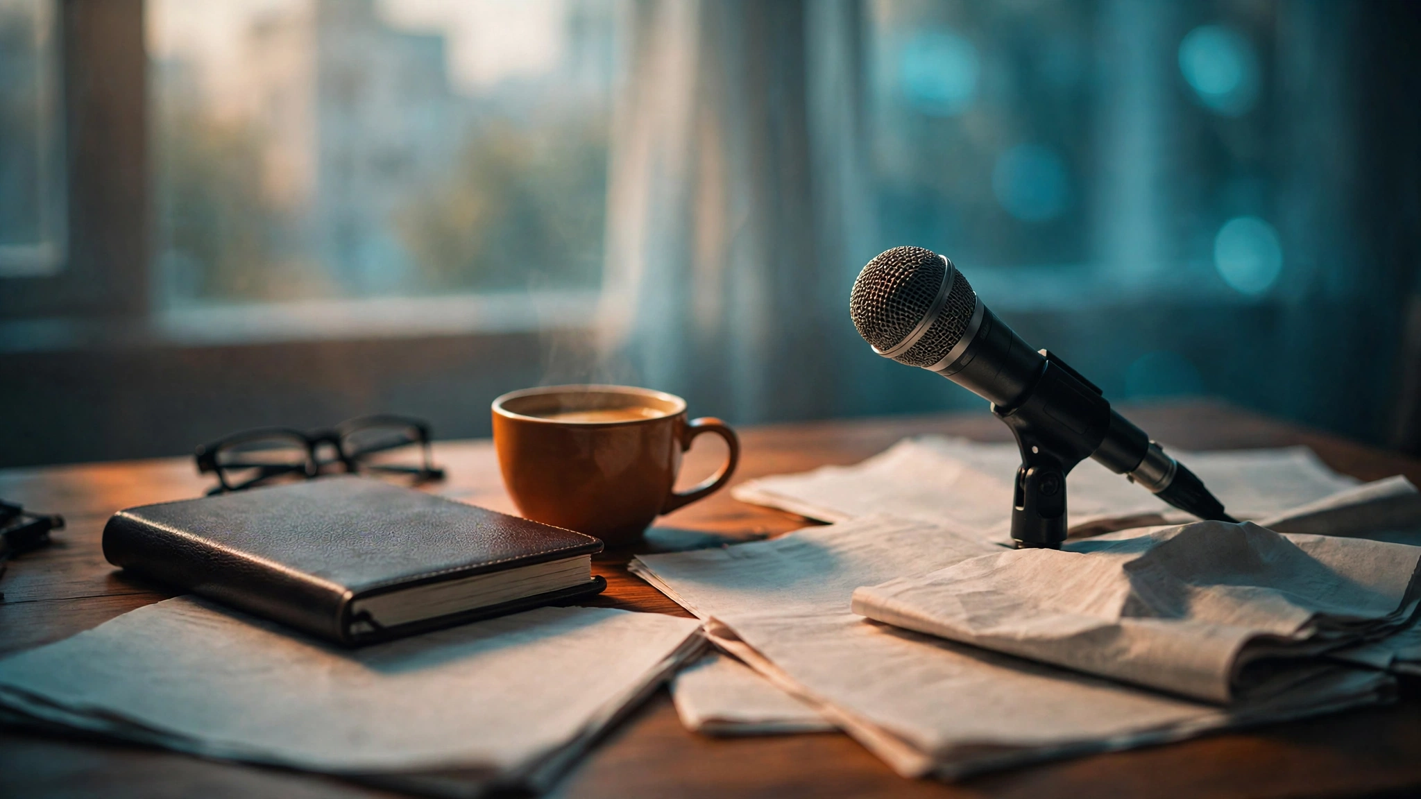 A journalist desk with a notebook, coffee and microphone