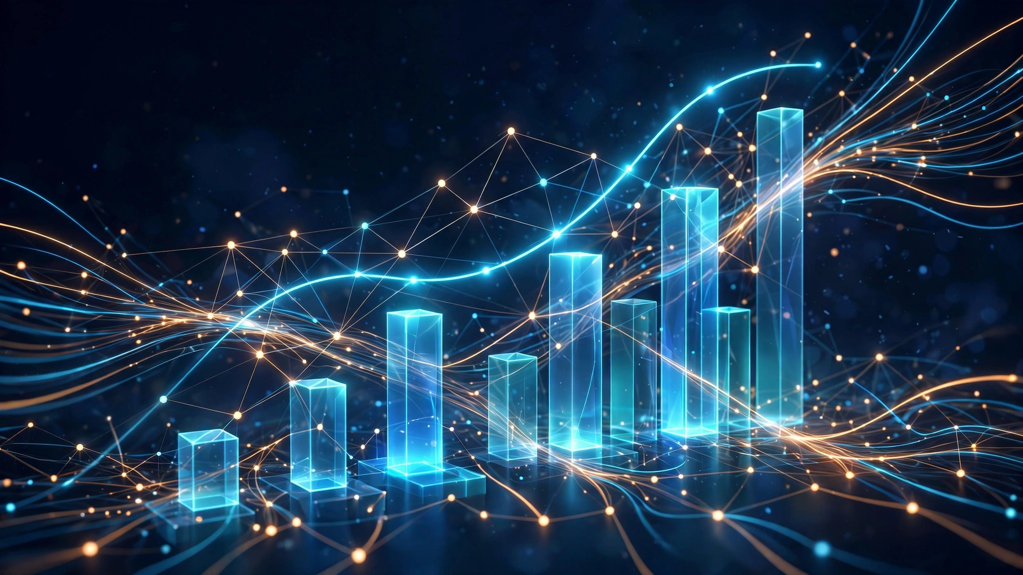 Glowing data charts and network nodes representing media coverage spreading