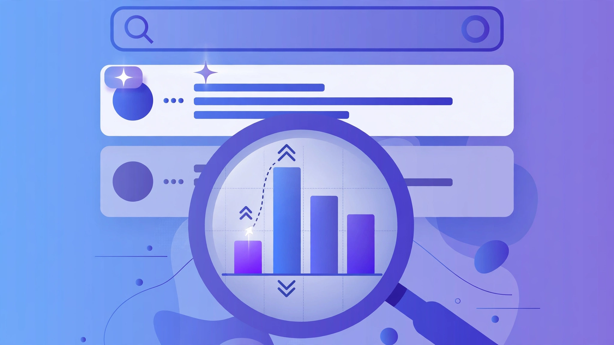 Data study: magnifying glass over domain authority scores with search results showing a low bar outranking a tall bar