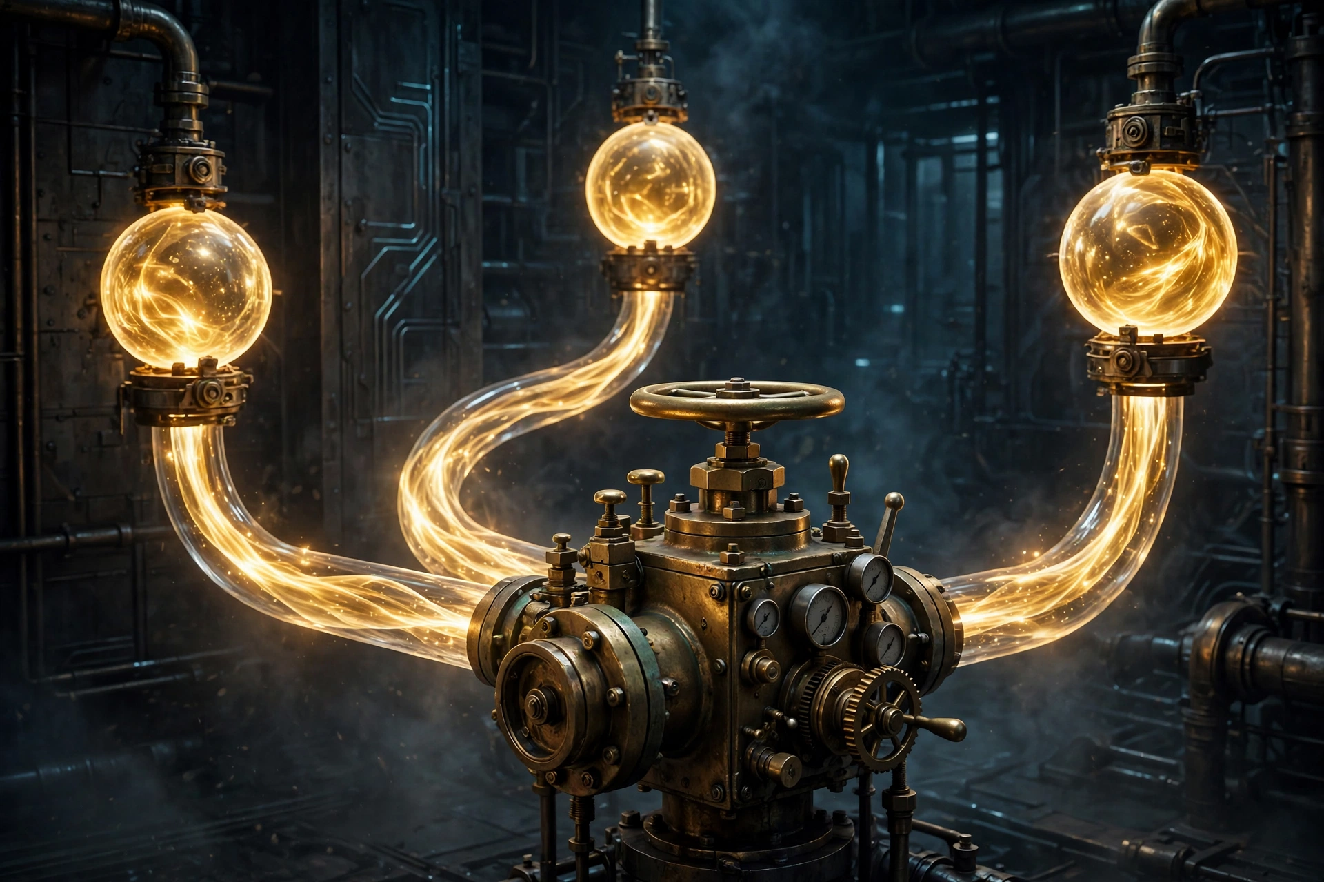 A large brass valve controlling glowing equity streams flowing toward three priority pages labeled as important destinations