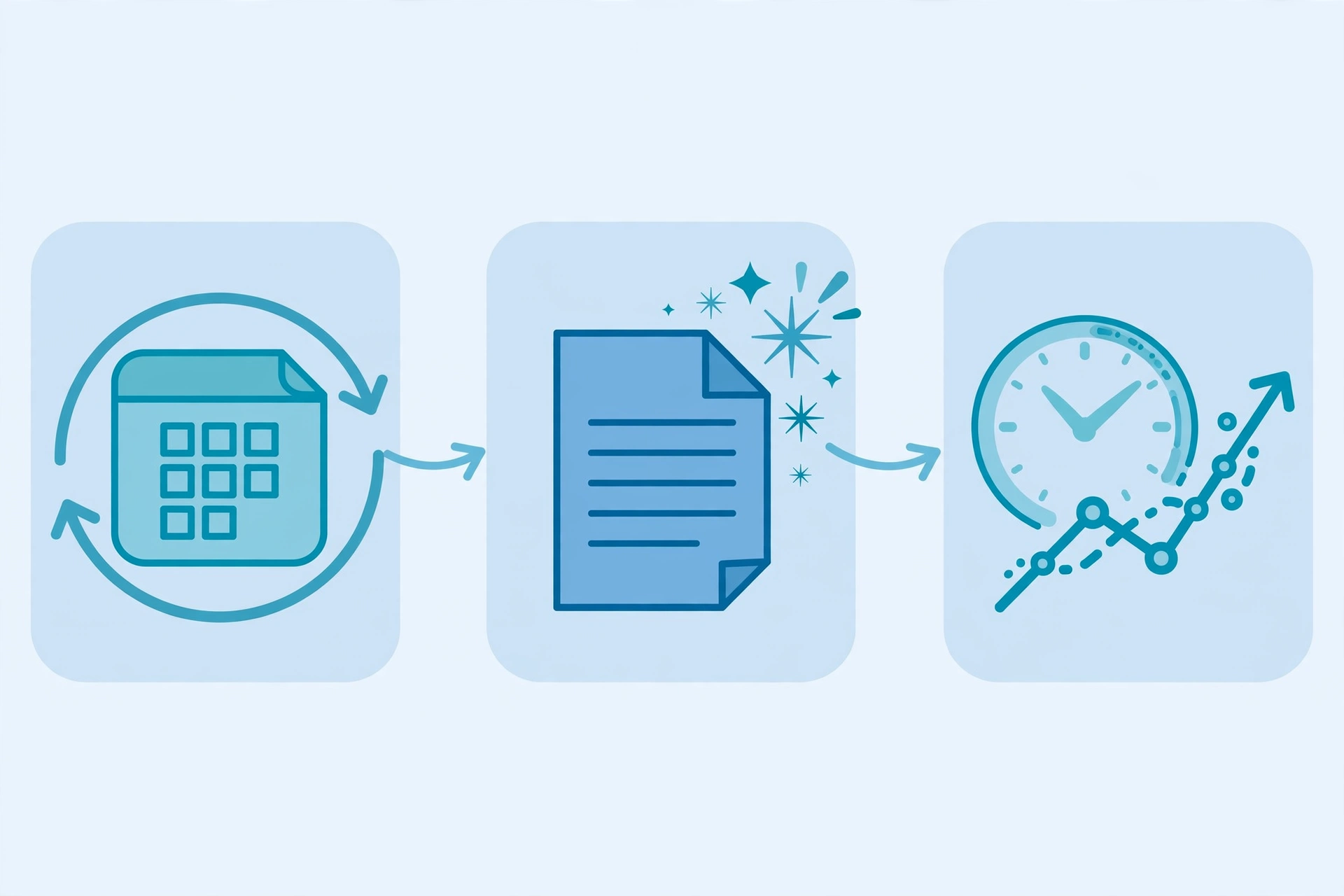 Content refresh workflow: calendar with refresh arrows, polished document, clock and rising growth chart