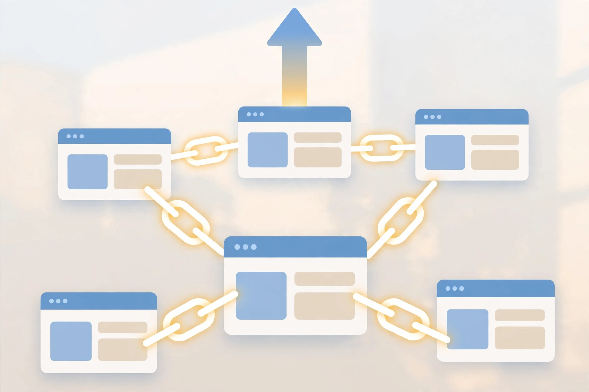 Glowing chain links connecting website browser windows with an upward growth arrow