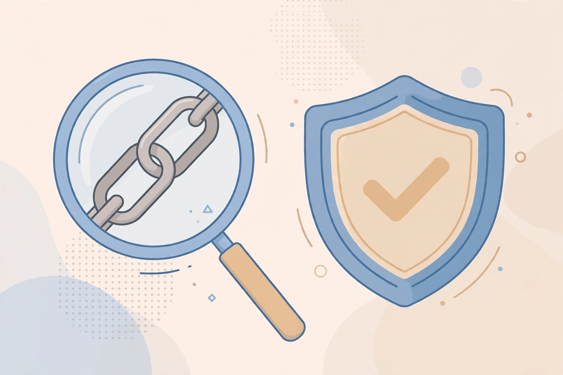 Magnifying glass inspecting a chain link beside a checkmark shield badge