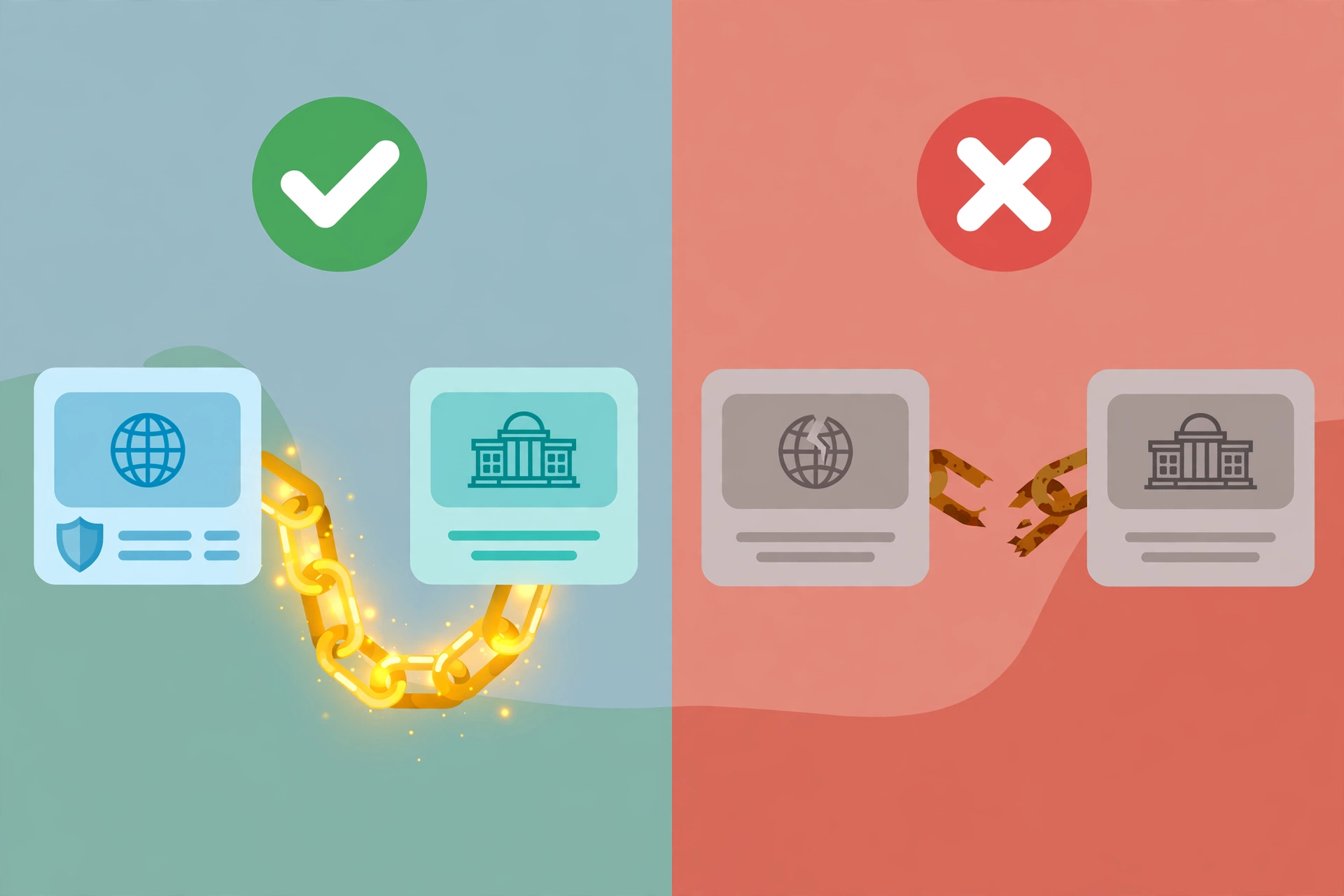 Split illustration comparing a good backlink shown as a golden link chain with green checkmark versus a bad backlink shown as a broken chain with red X