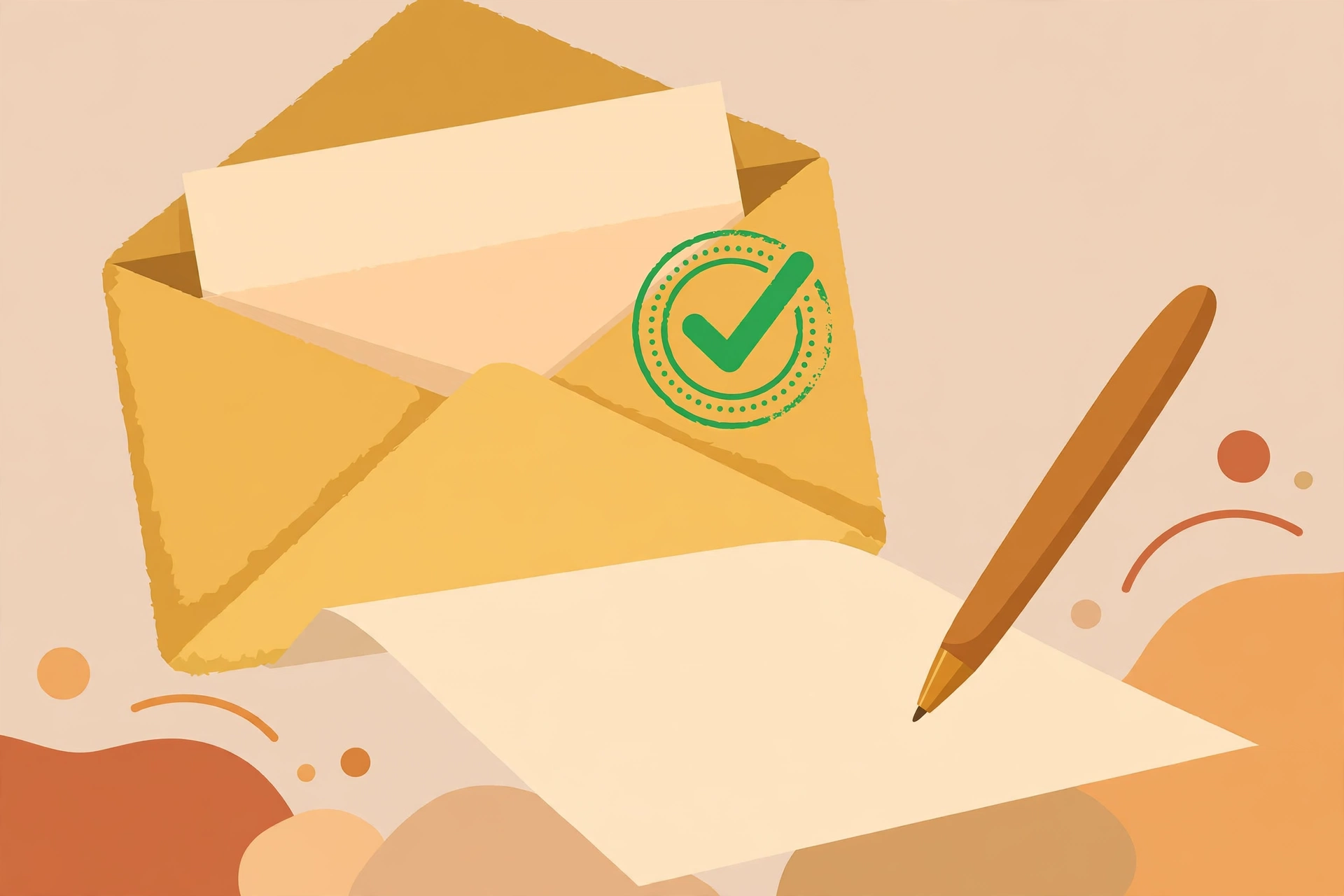 Clipboard with a checkmarked guidelines list next to a stack of article pages and a quill pen
