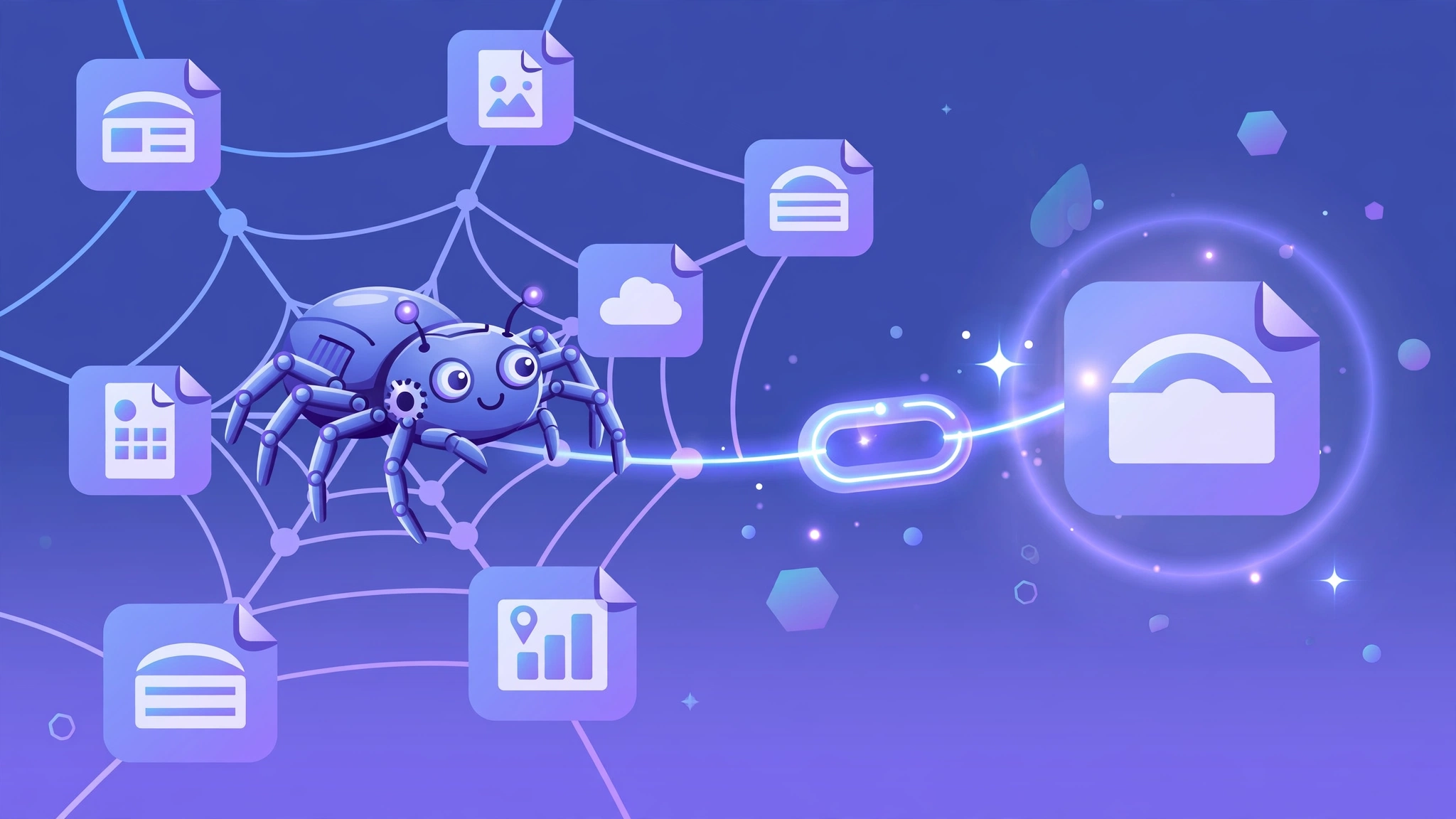 Googlebot crawling a web of pages, discovering a backlink pointing to a website