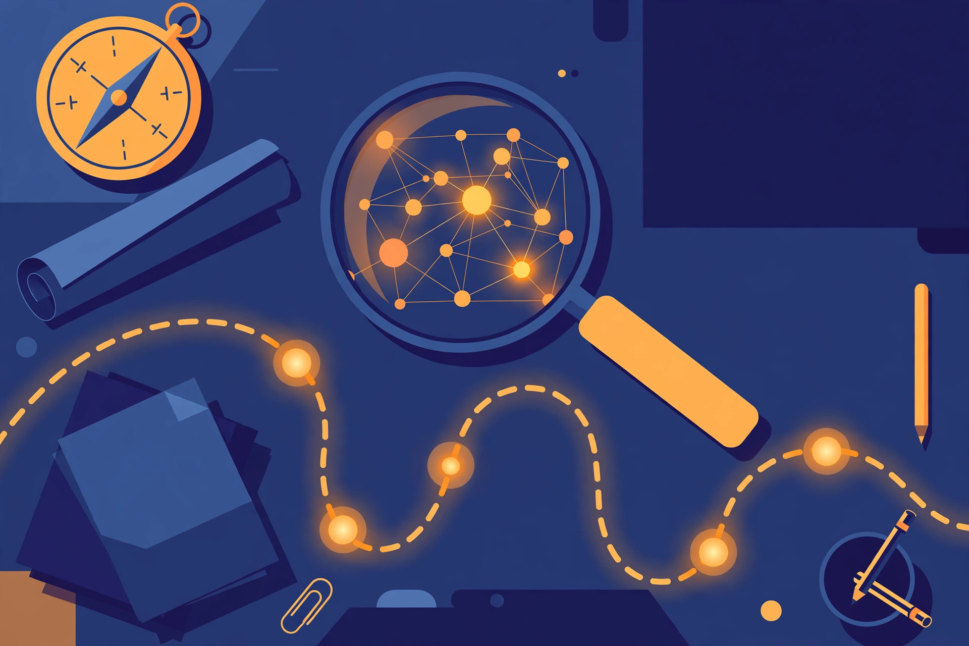 Flat illustration of a strategist's desk with a compass and magnifying glass examining a network of connected dots, representing link building strategy and prospect research