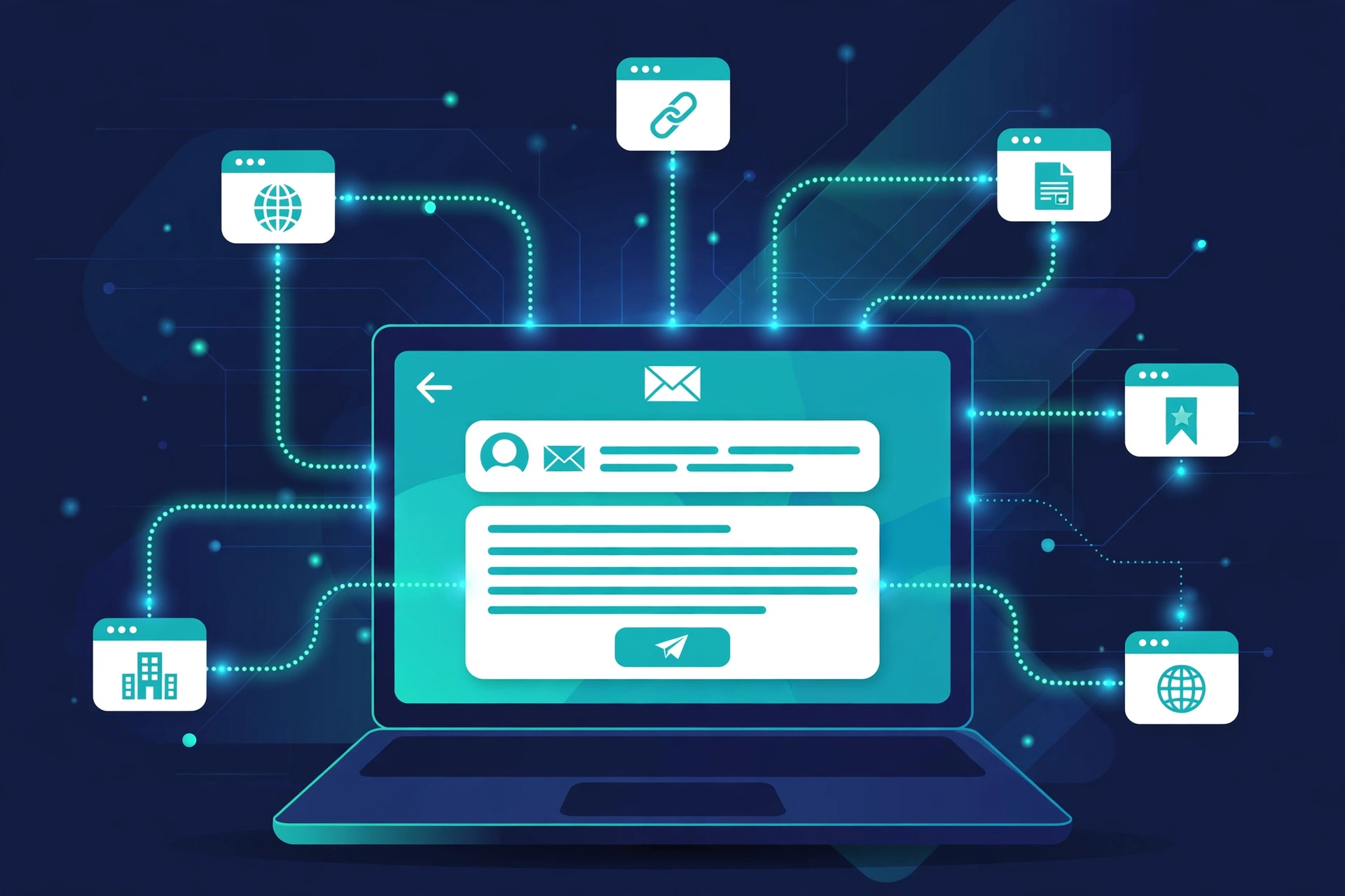 Golden magnifying glass over stacked documents with glowing chain links falling around it, symbolizing content earning backlinks