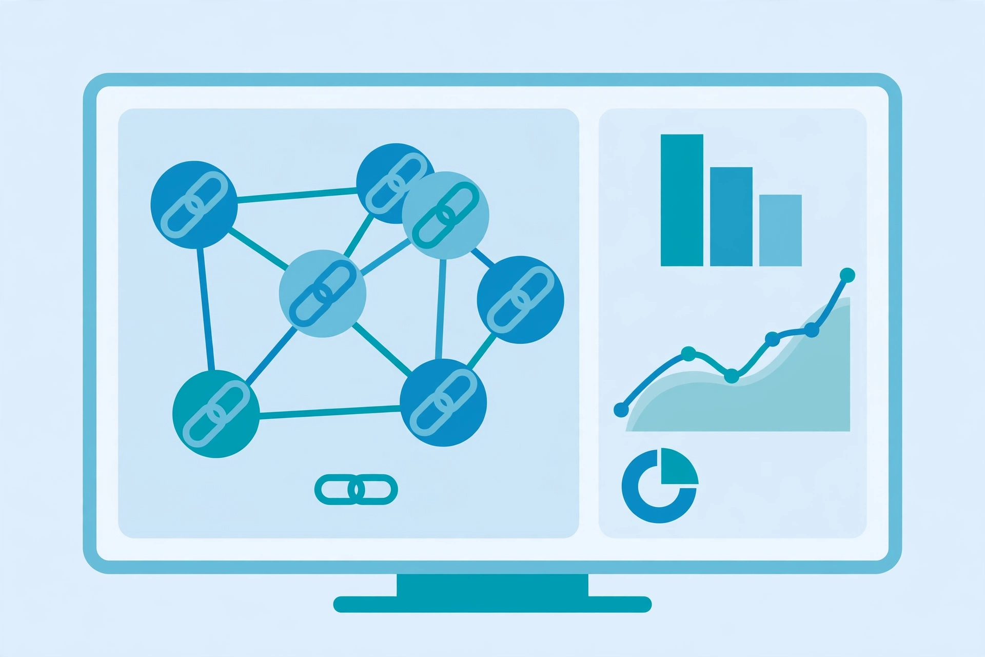 Backlink checker dashboard showing a network graph of chain-link nodes with bar, line and pie charts