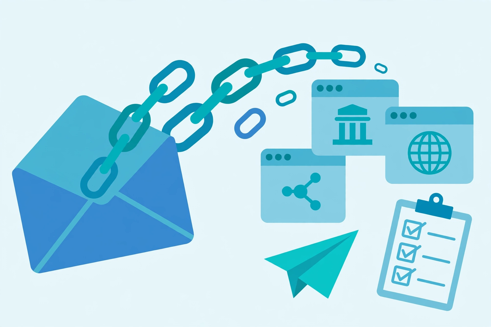 Email outreach illustration: an envelope releasing chain links toward website windows, with a paper plane and checklist