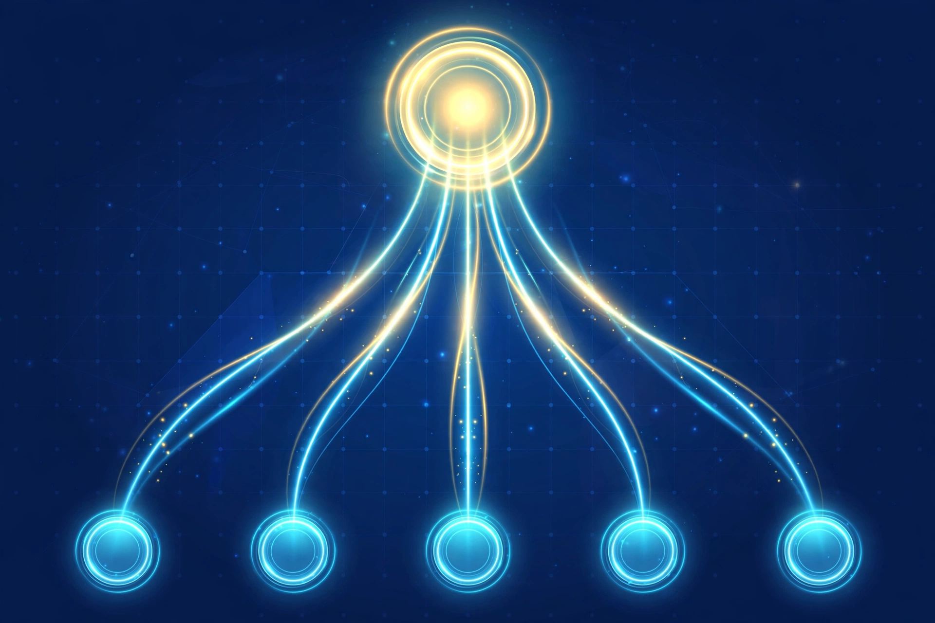 Diagram showing link equity as glowing streams flowing from one high-authority page and splitting into smaller streams among five outbound linked pages