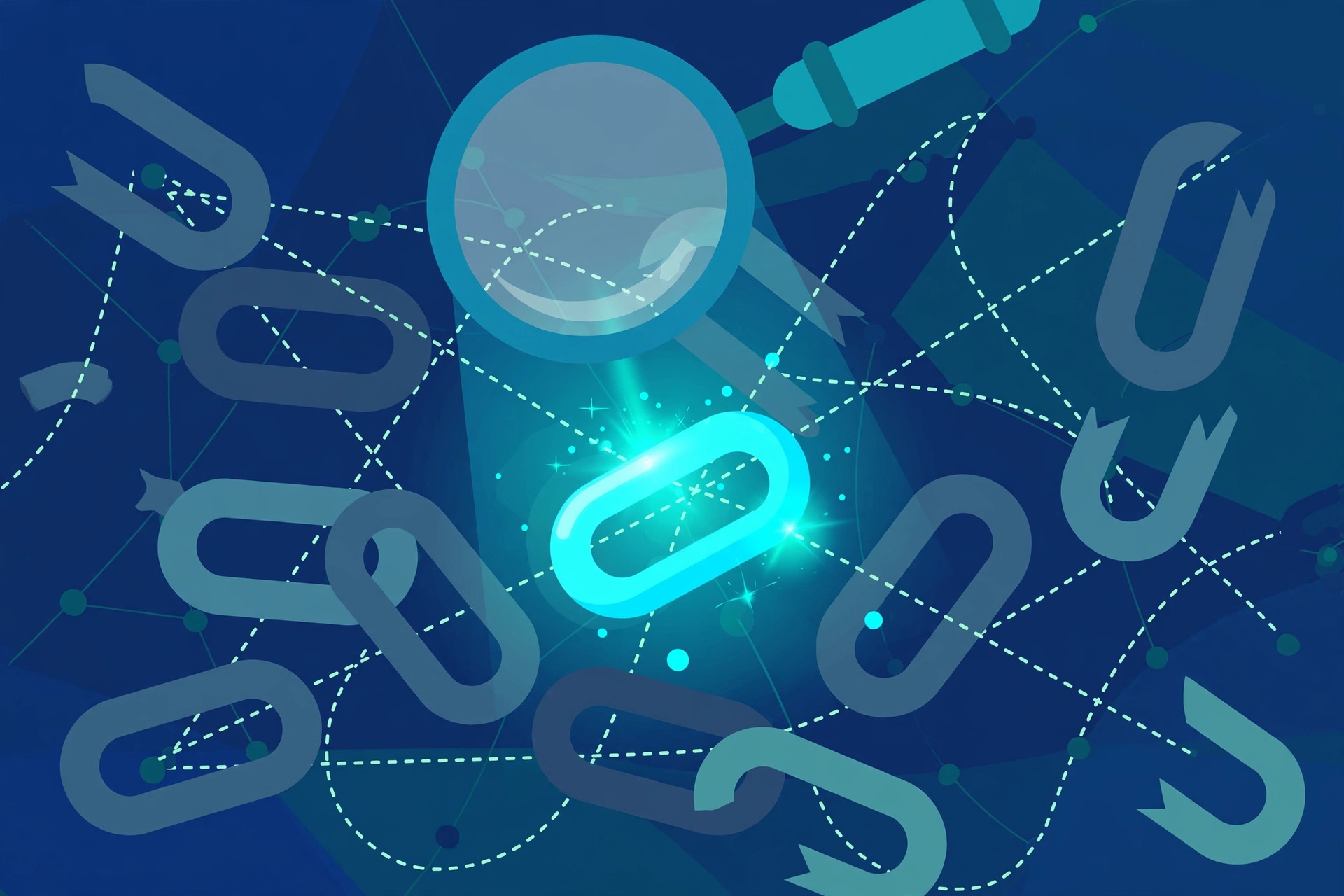 Magnifying glass finding broken chain links — auditing for lost backlinks