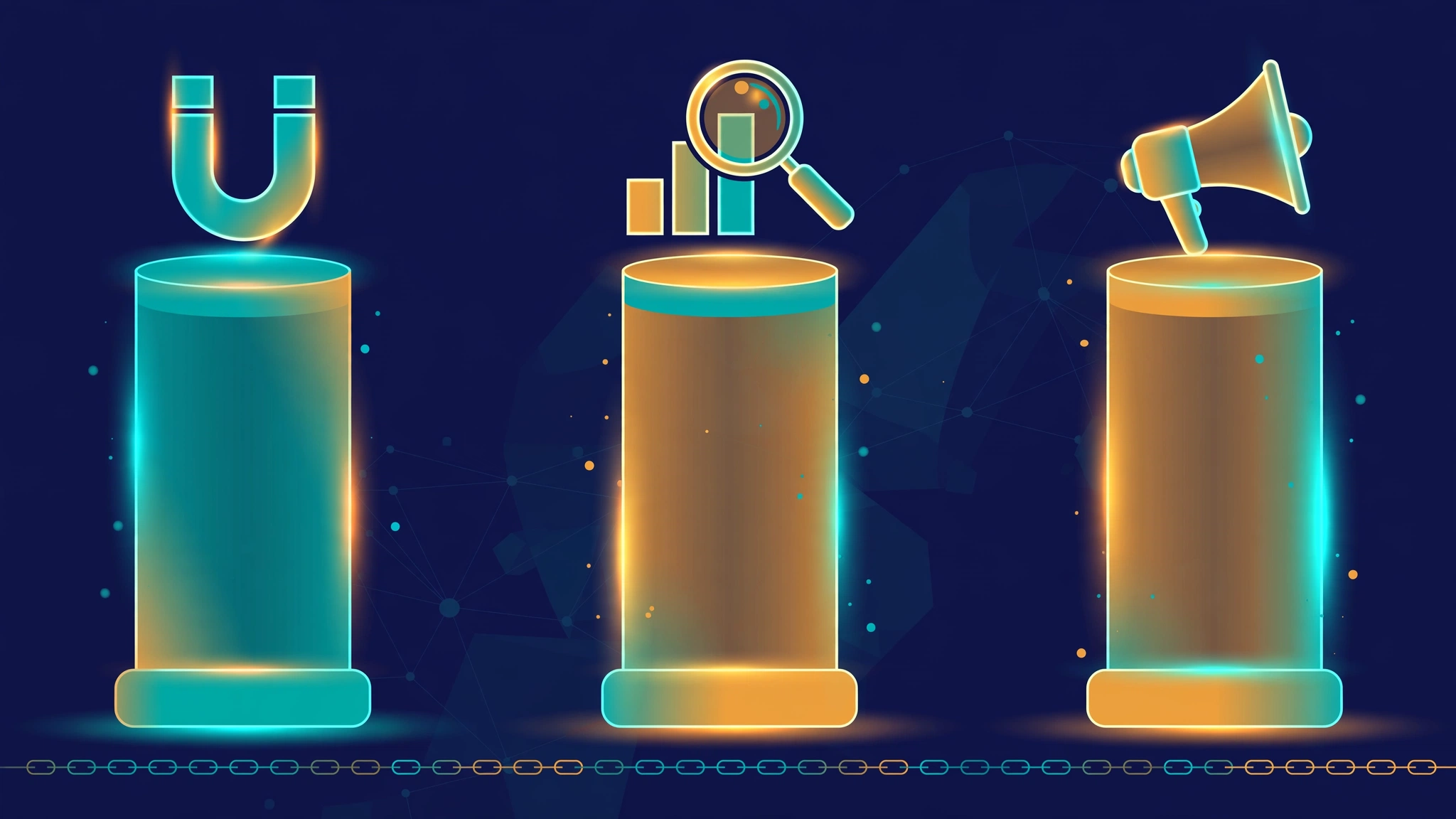 Three glowing pillars showing the reasons content earns links: usefulness, data, and emotional reaction