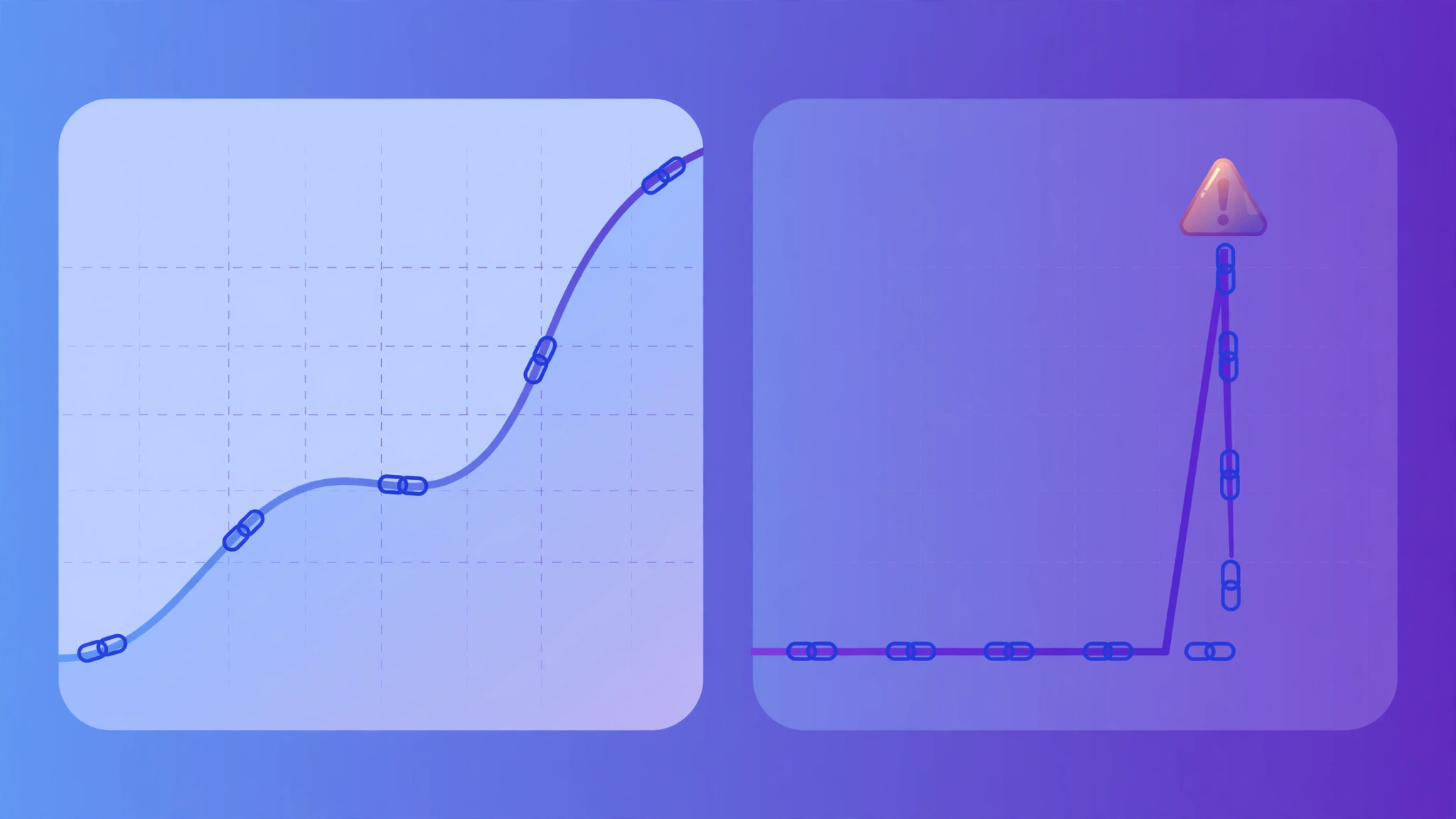 Natural gradual link growth versus unnatural sudden spike, shown as two line charts side by side