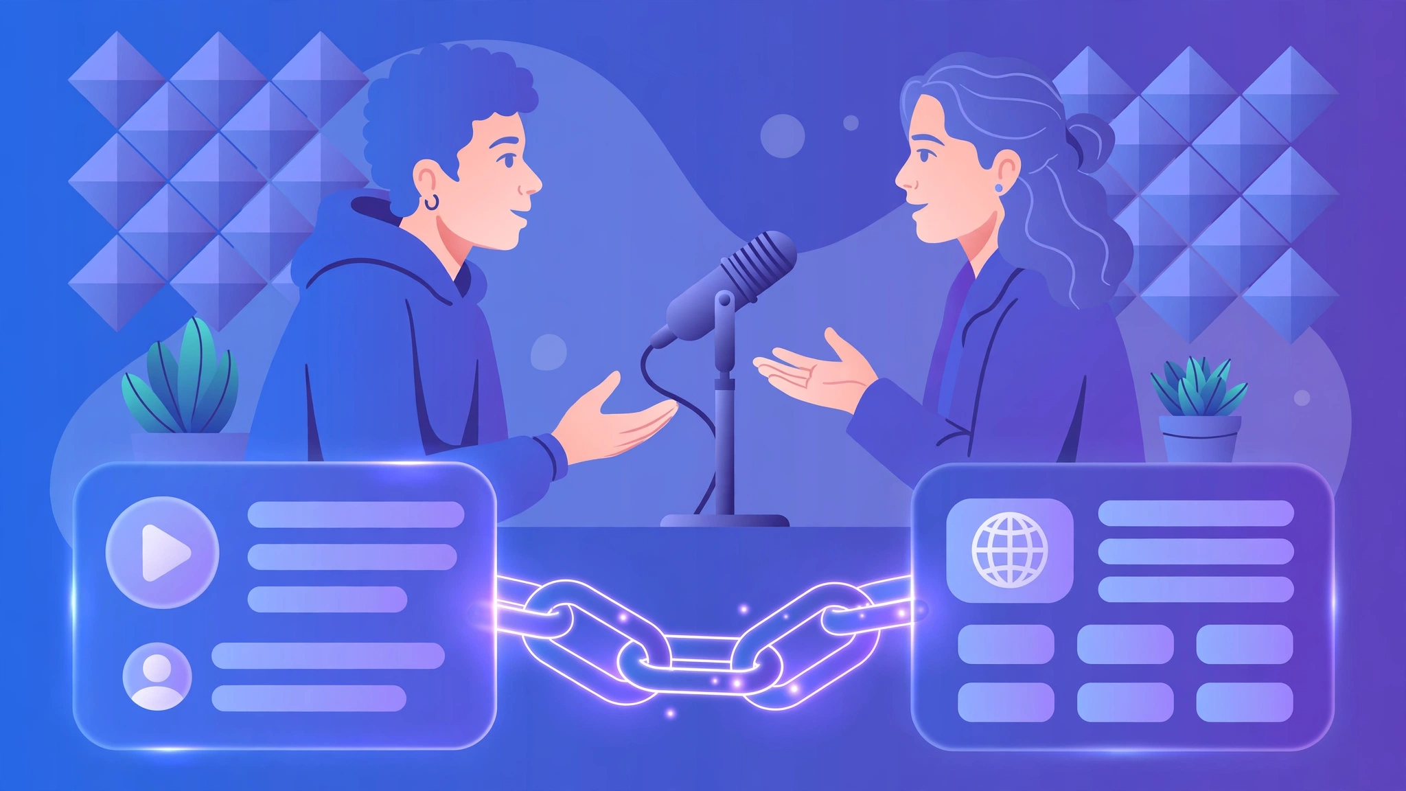 Podcast guest interview: microphone between two people talking, with a glowing chain link connecting the episode page to a website