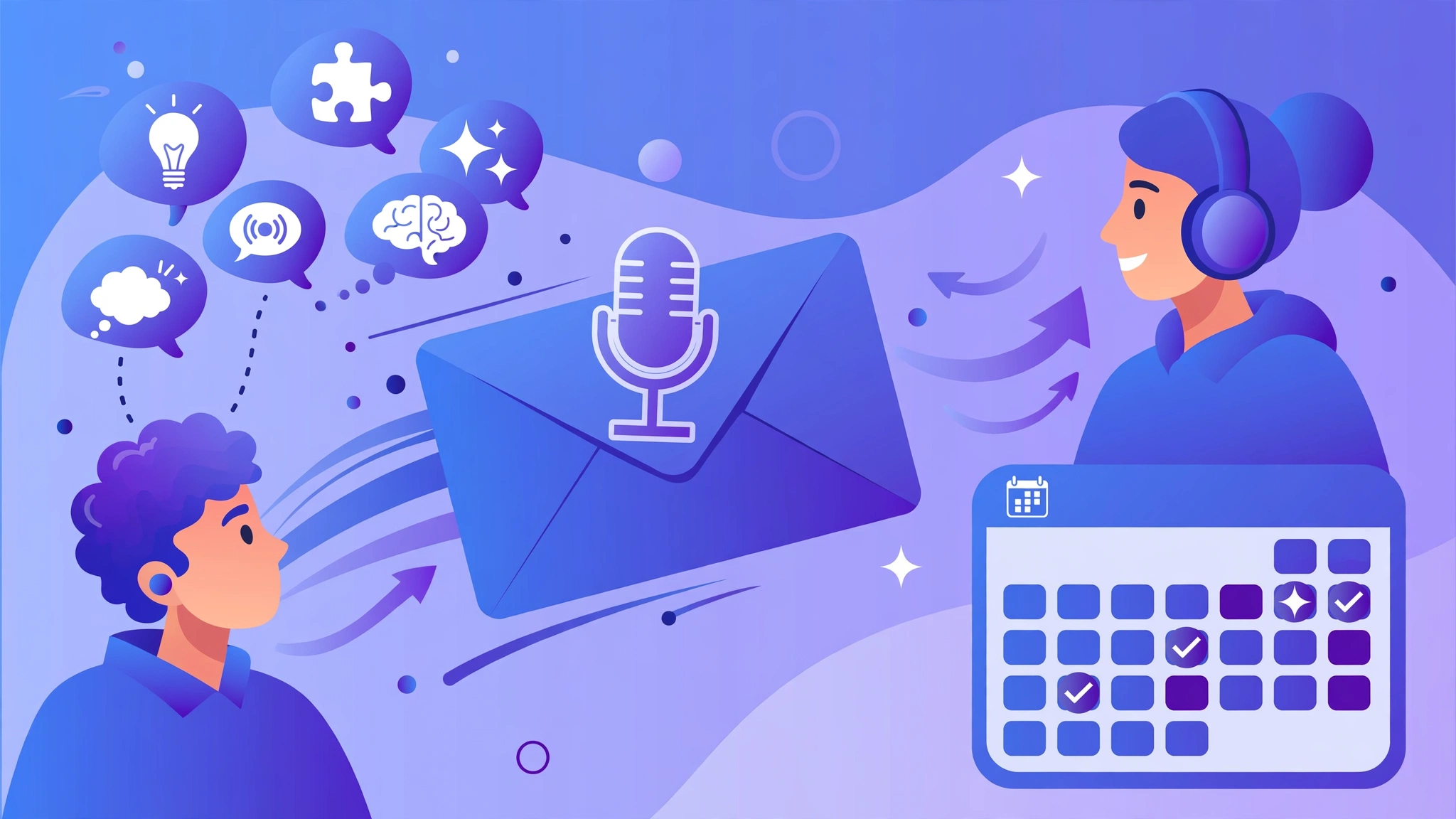 Podcast guest pitching: email with a microphone icon being sent to a podcast host, with topic ideas and a calendar