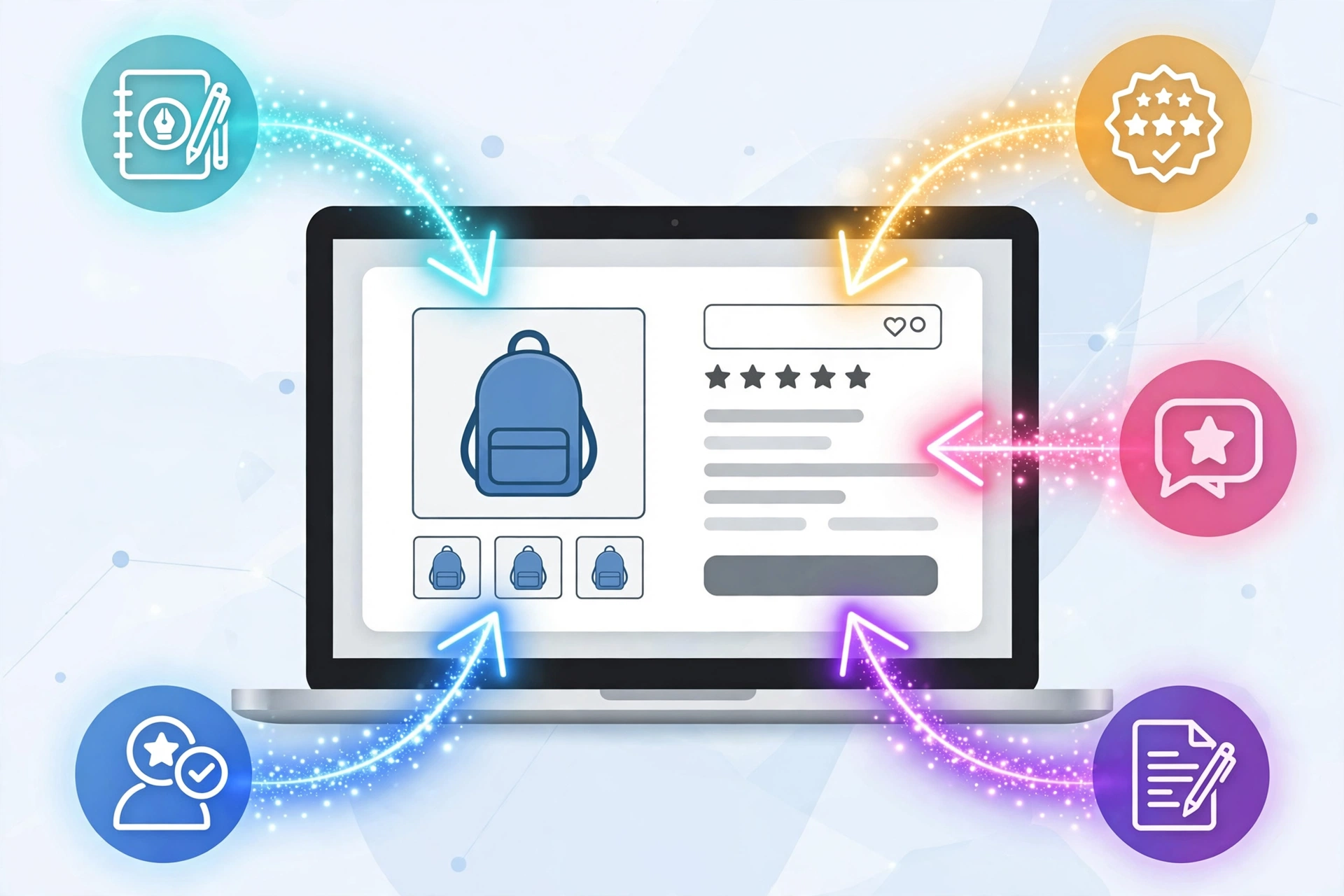 A product page on a laptop screen with multiple backlink arrows arriving from blogger review sites and publications