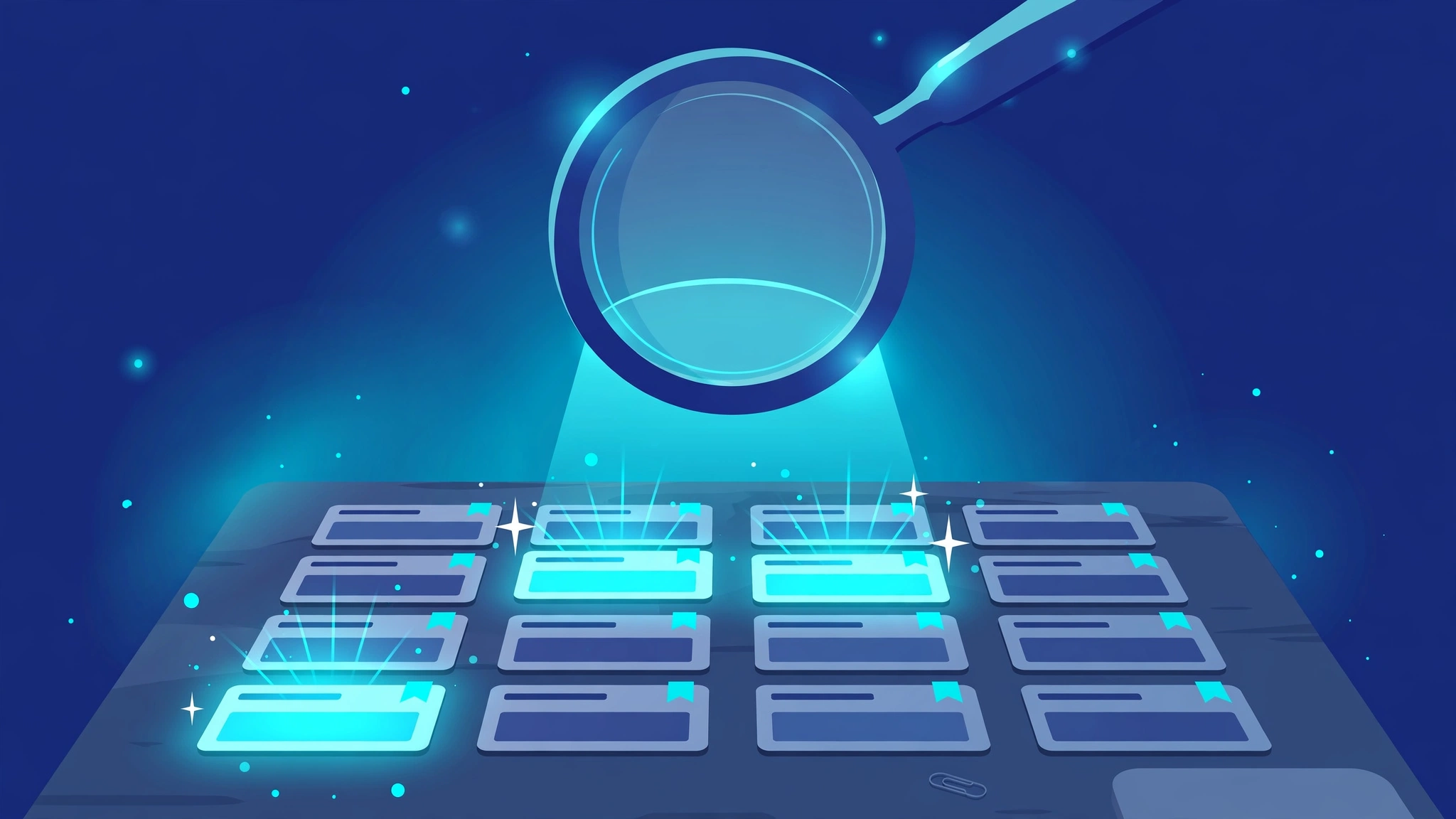 a magnifying glass scanning a grid of website page cards to find resource pages for link building