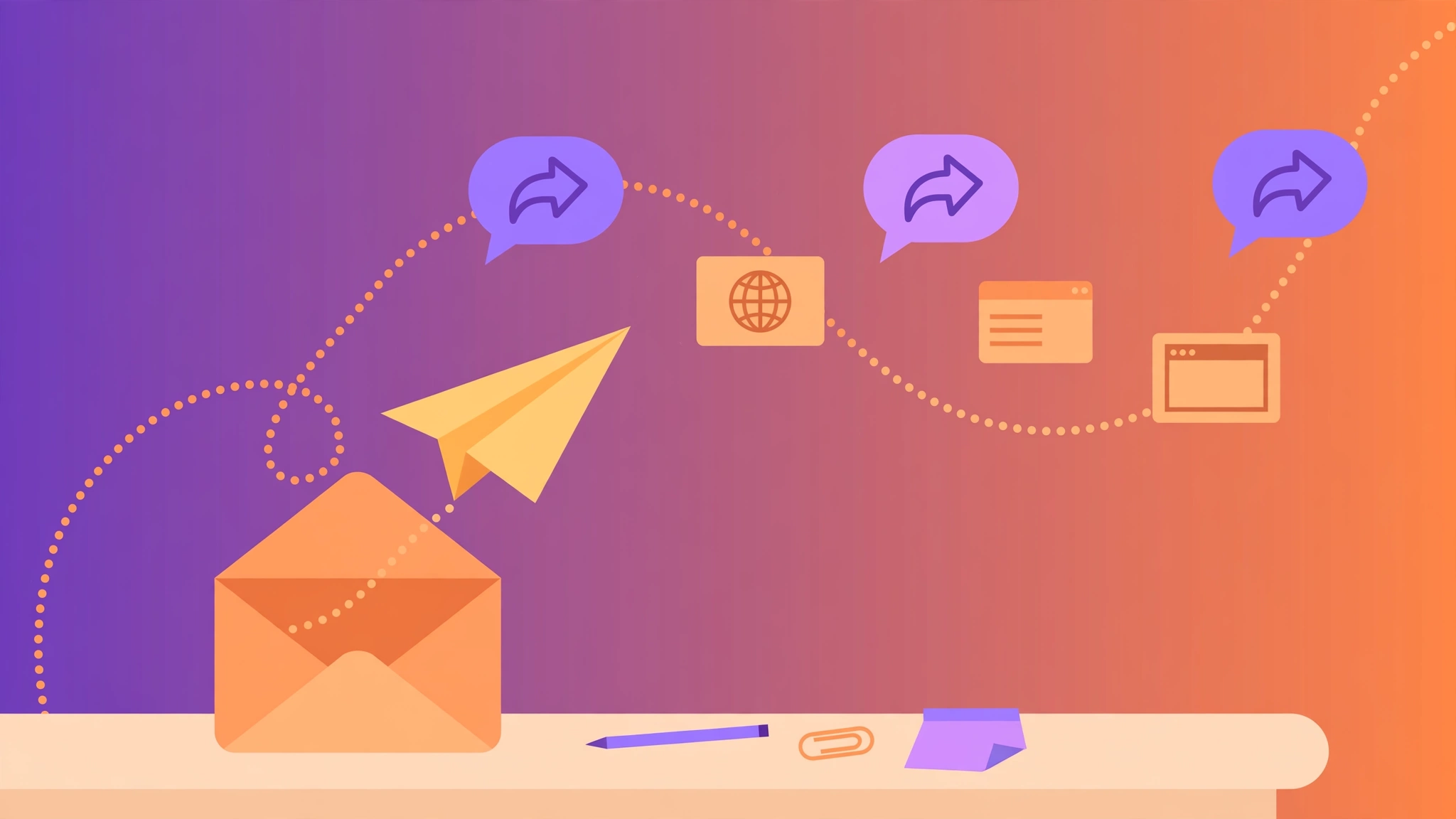 a paper plane flying from an envelope past floating reply bubbles, symbolizing resource page outreach emails getting replies