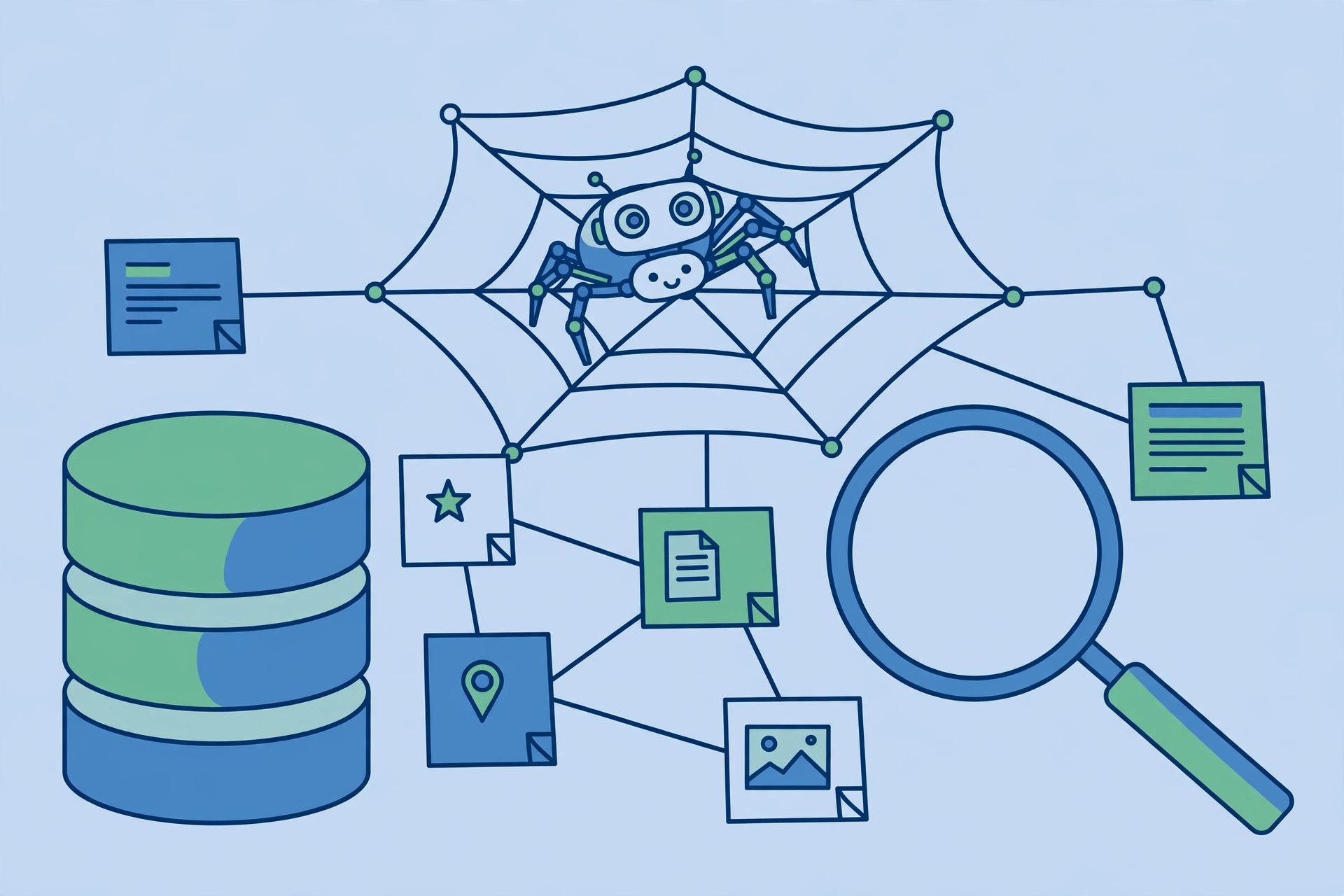 Robot spider crawling across a web of connected page cards with a magnifying glass and database cylinder