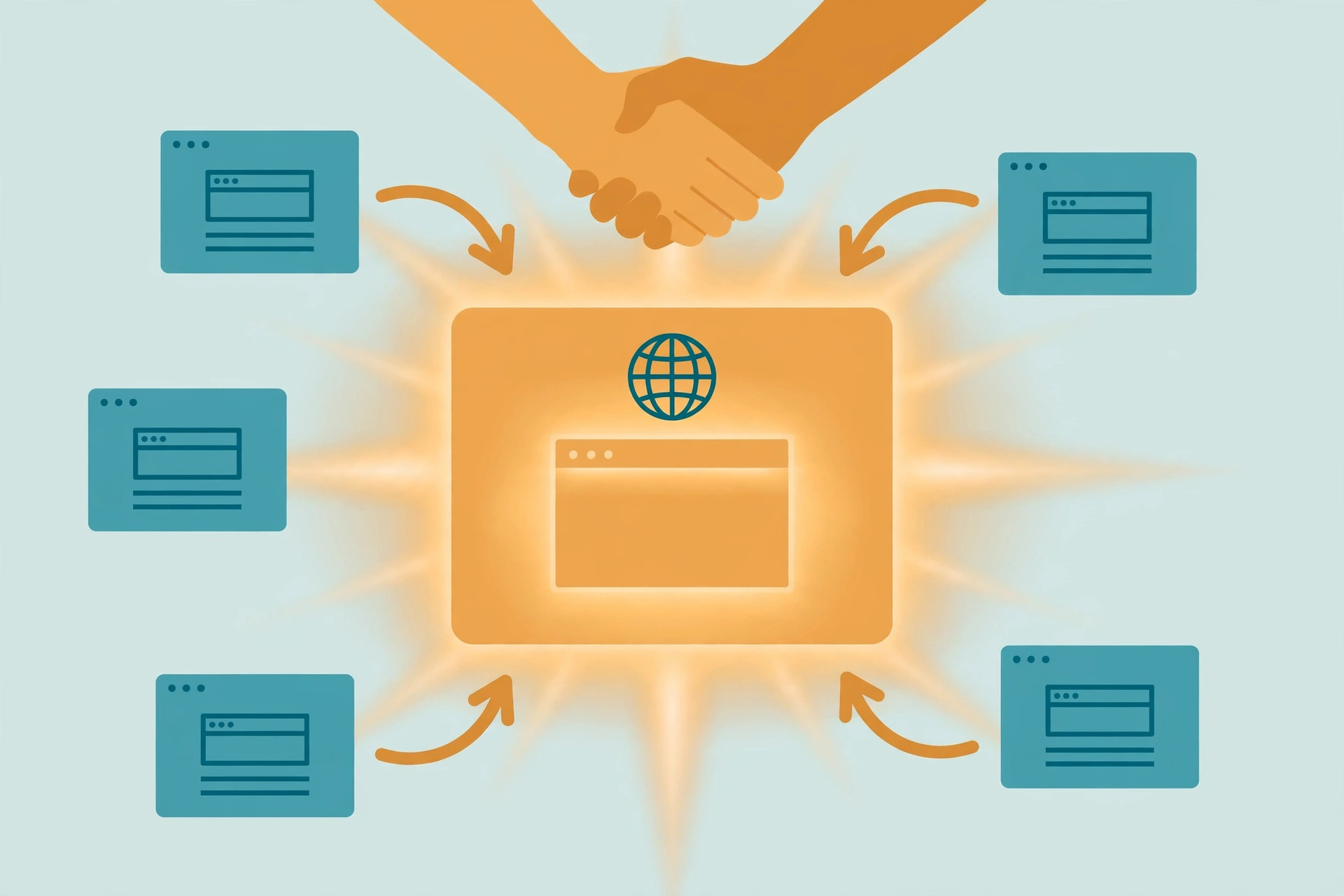 Websites pointing to one central glowing website with a handshake above, symbolizing earned backlinks