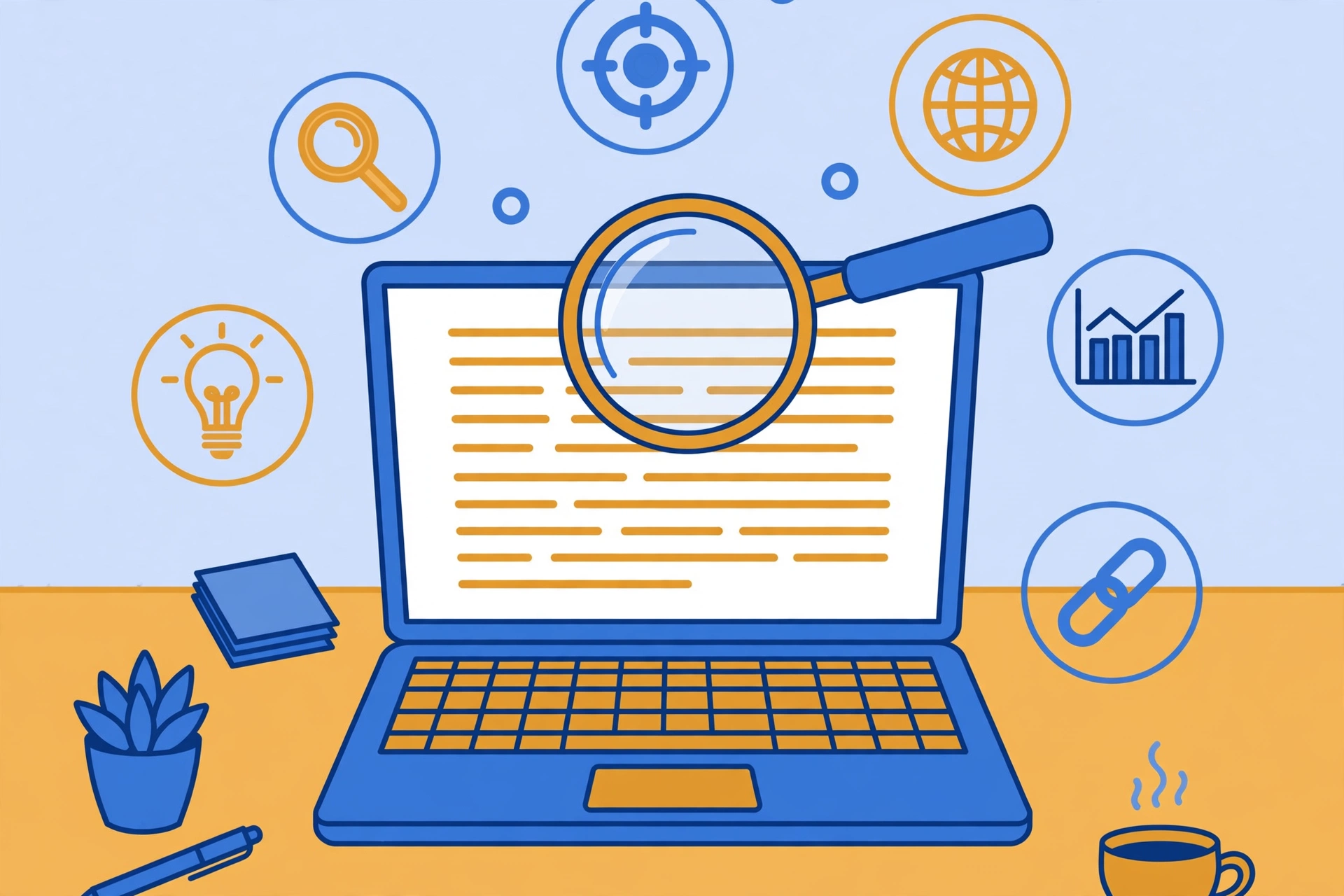 Laptop showing a document with a magnifying glass over it and SEO icon bubbles floating around