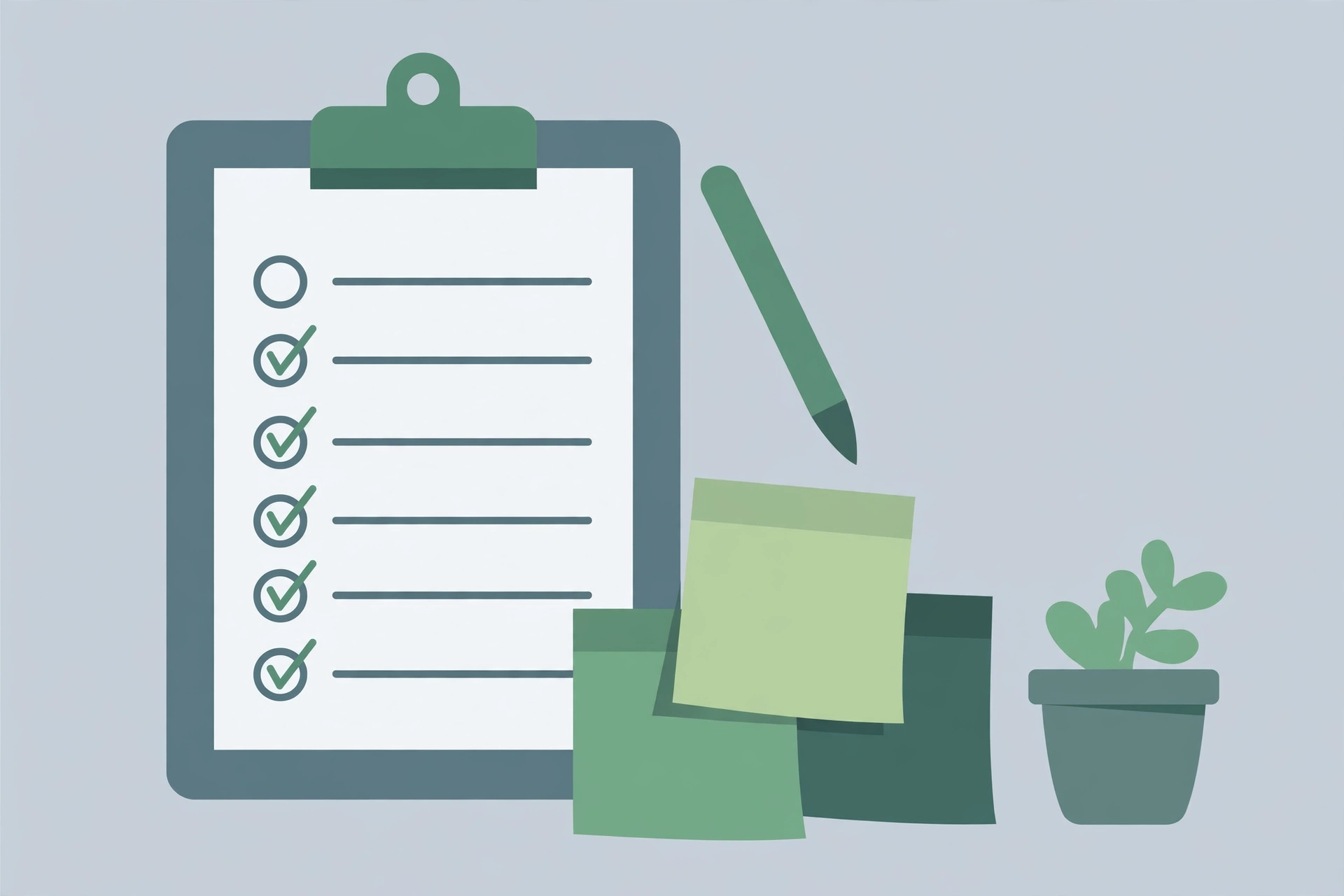 Clipboard with a checklist and pen beside sticky notes and a small plant