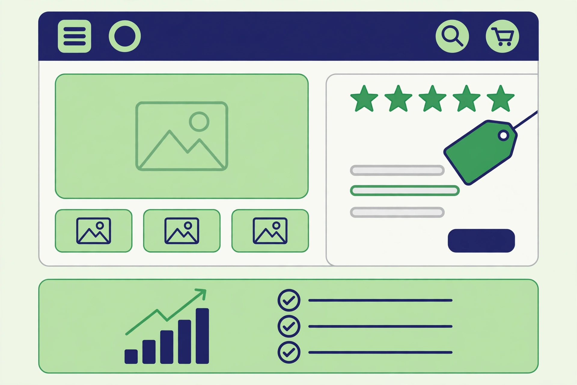 Optimized ecommerce product page layout with image placeholders, star ratings and price tag, symbolizing product page SEO
