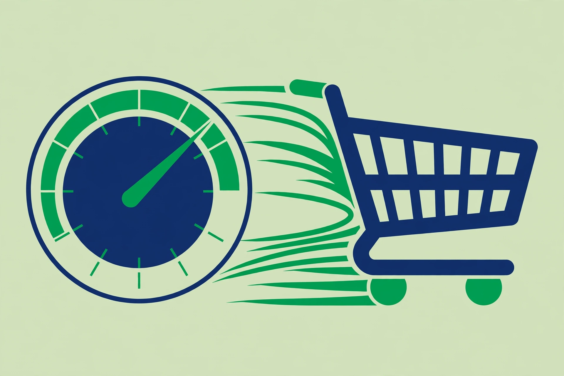 Speedometer gauge next to a shopping cart with motion lines, symbolizing Shopify store site speed optimization