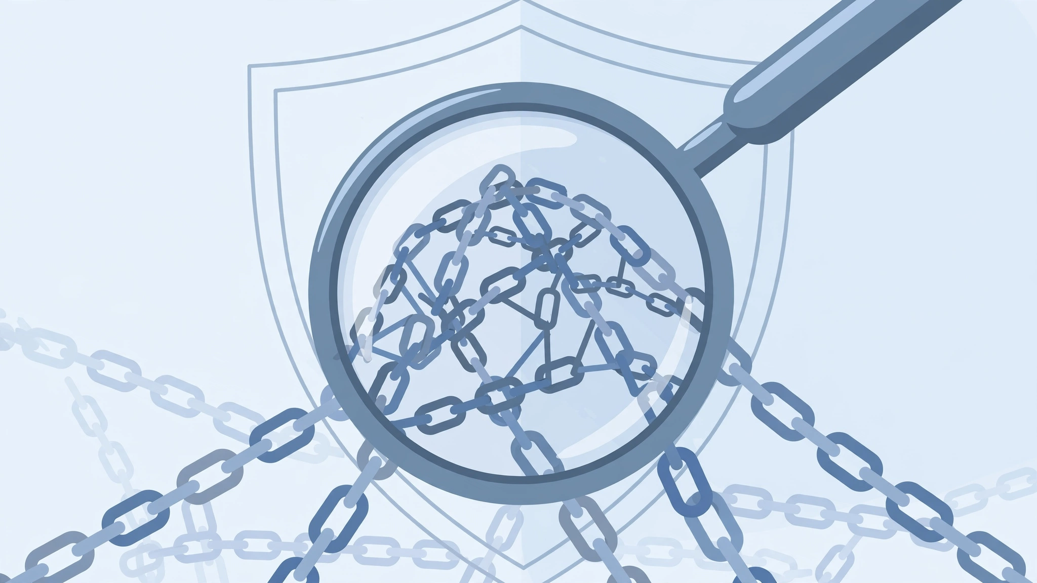A magnifying glass examining chain links, representing scrutiny of link building risks