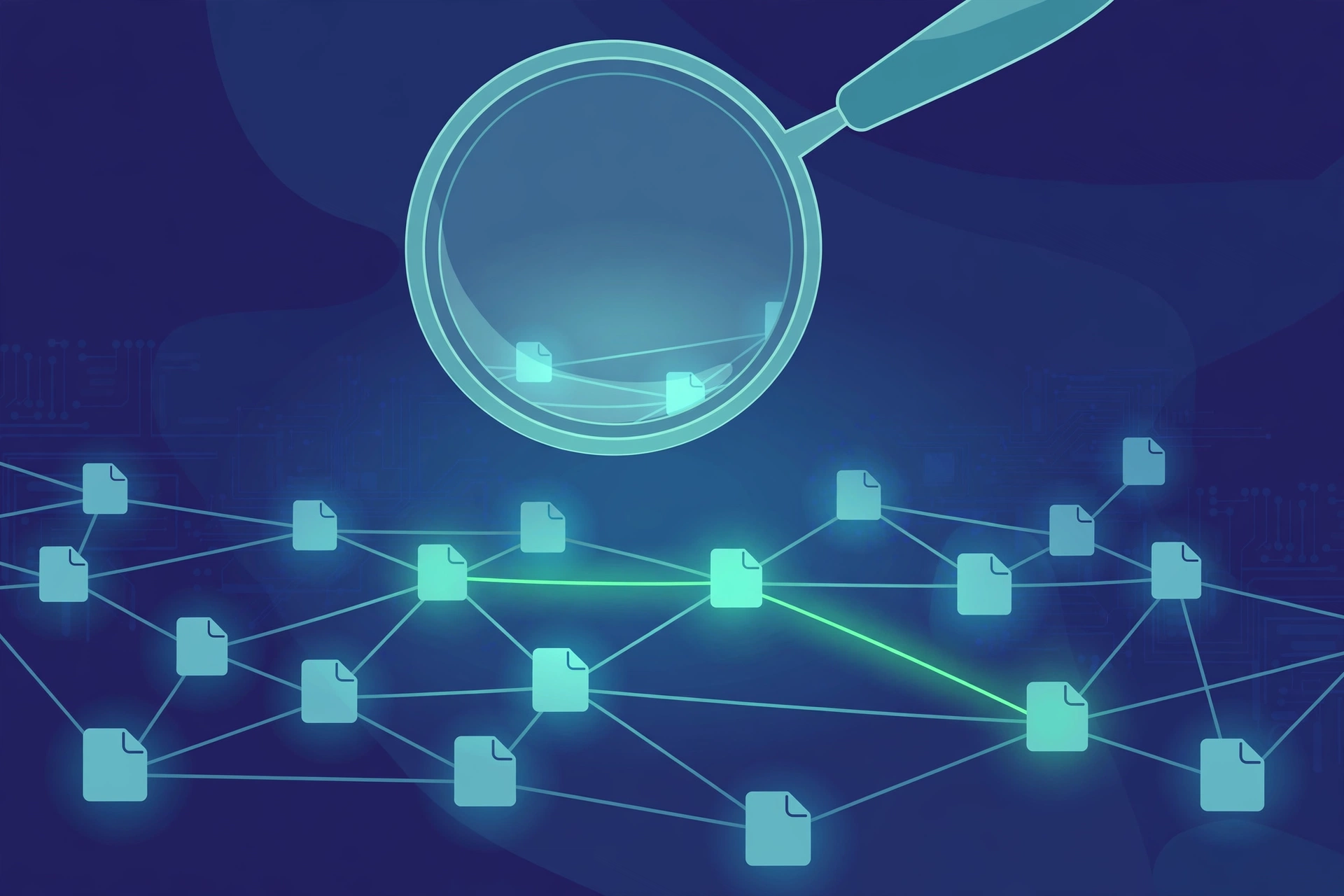 A magnifying glass inspecting a network of backlinks, representing the vetting of niche edit placements
