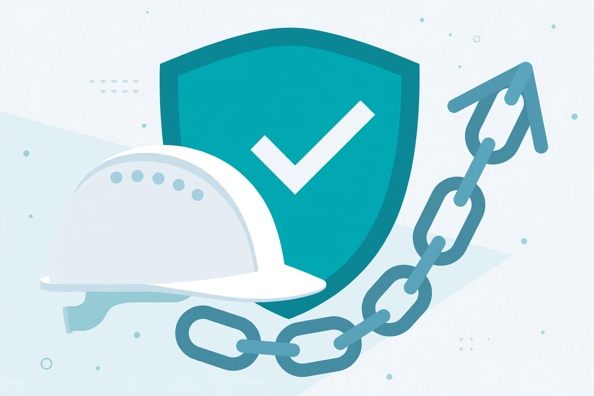 White hard hat beside chain links forming an upward arrow, with a teal checkmark shield